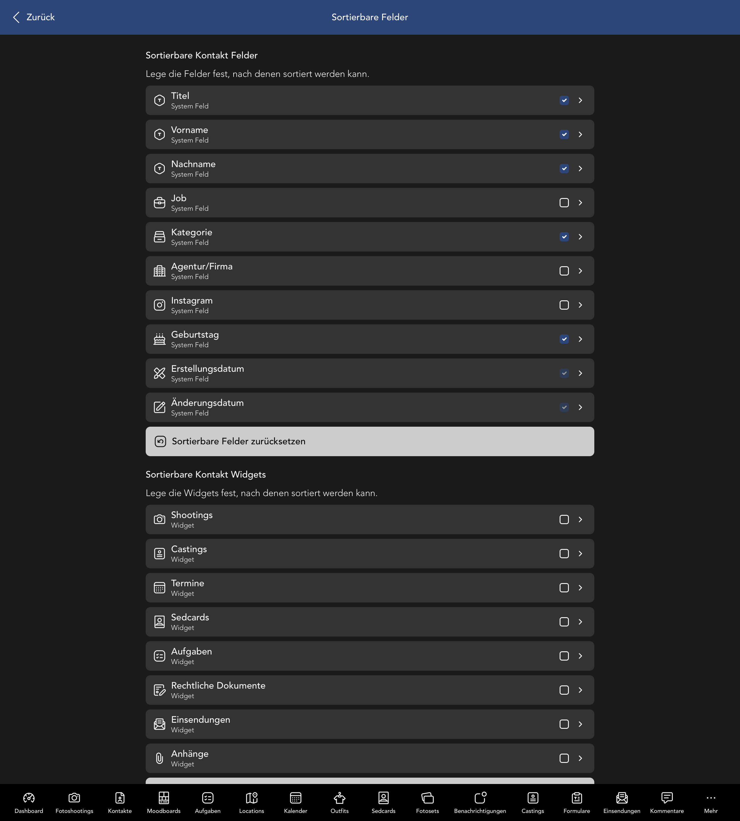 Sortierbare Kontakt Felder und Widgets