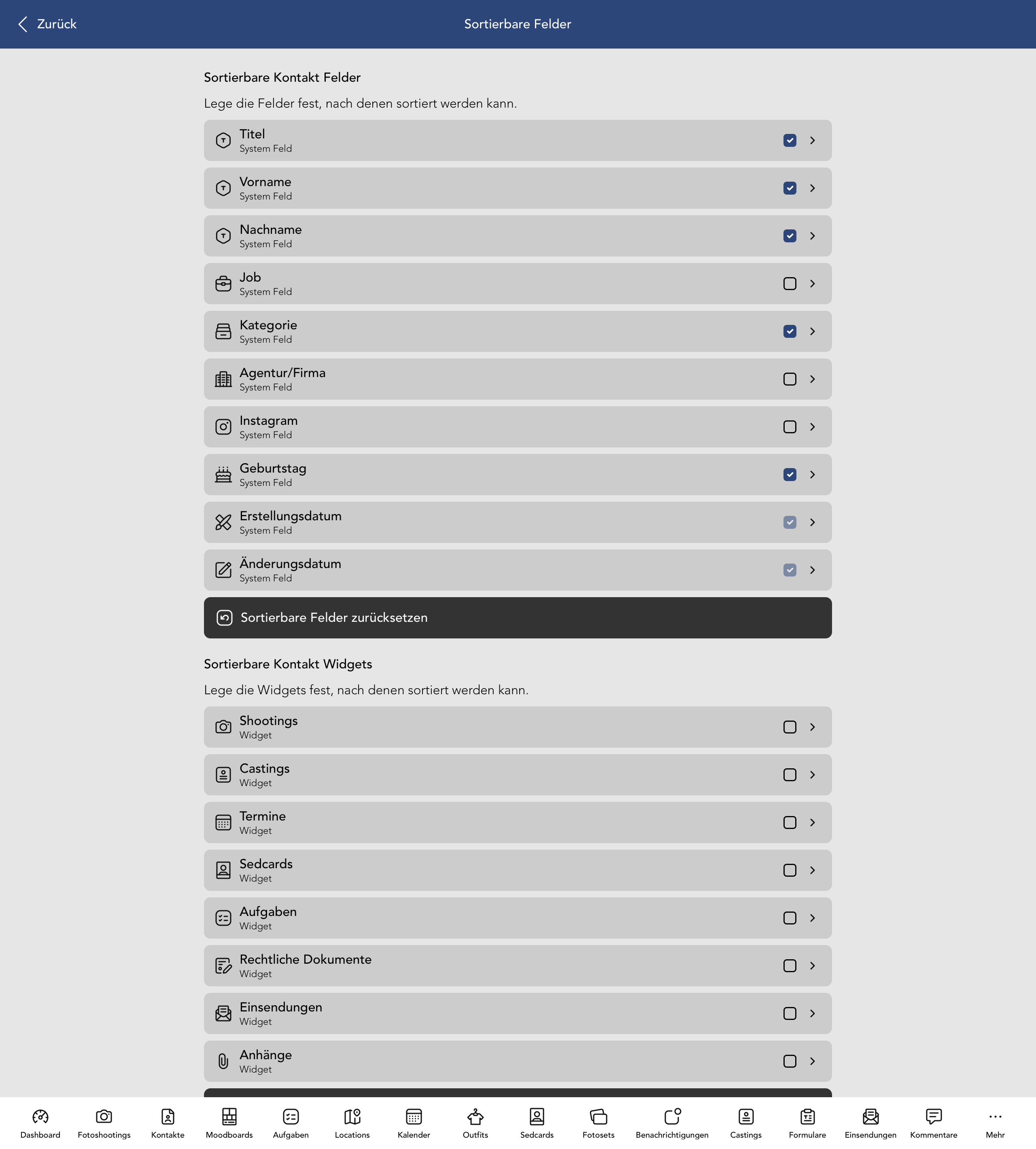 Sortierbare Kontakt Felder und Widgets
