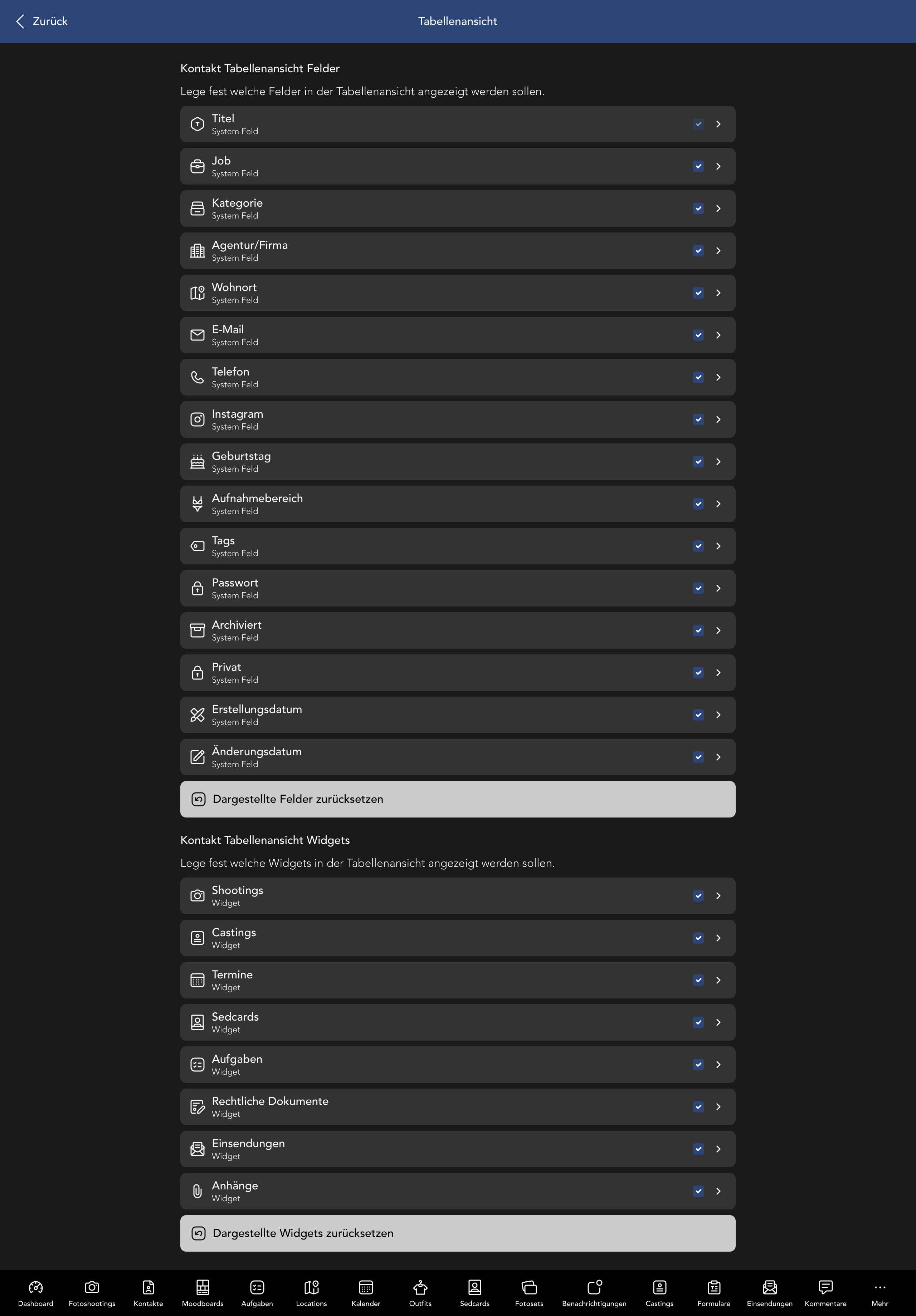 Kontakt Tabellenansicht Felder und Widgets
