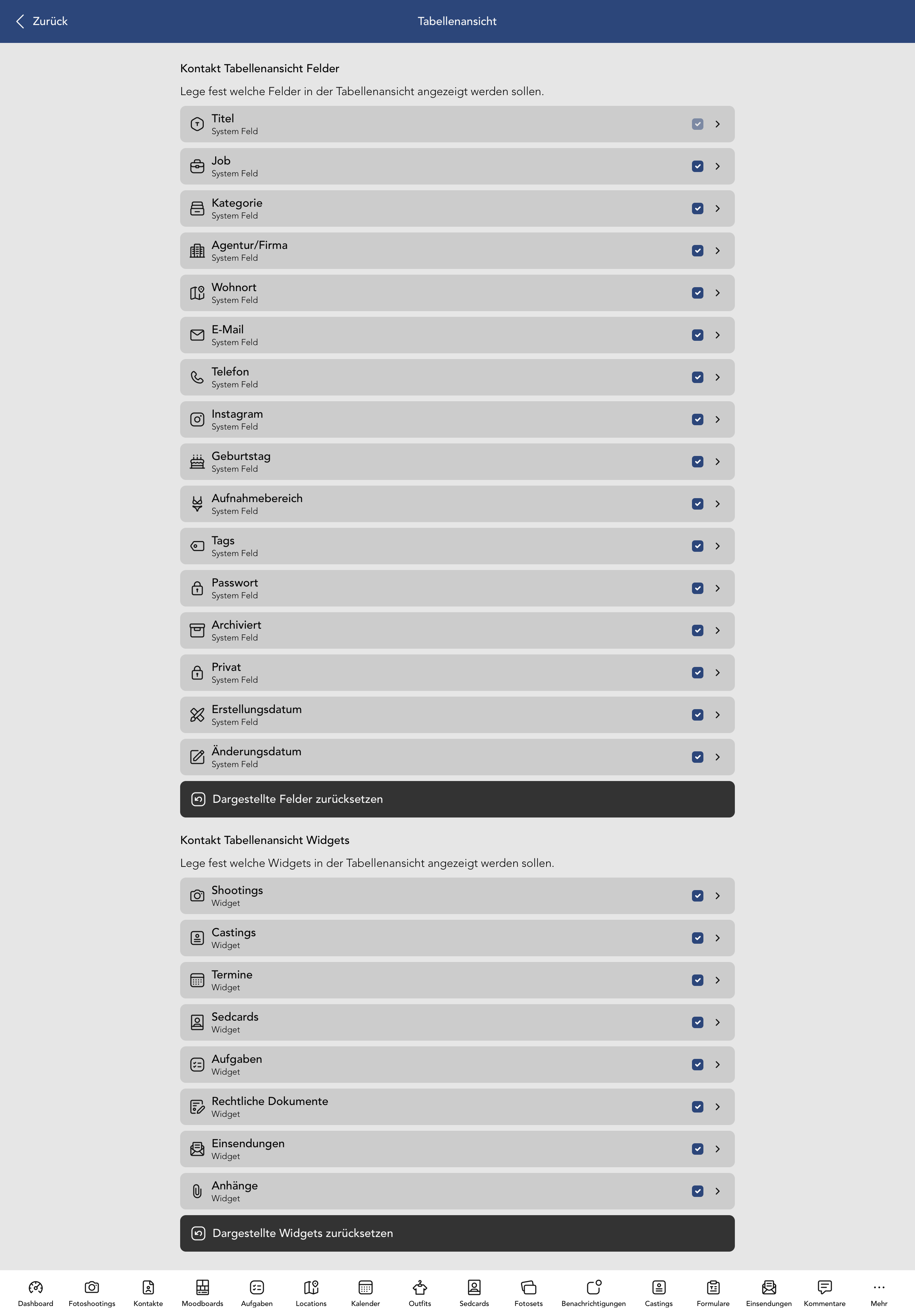 Kontakt Tabellenansicht Felder und Widgets