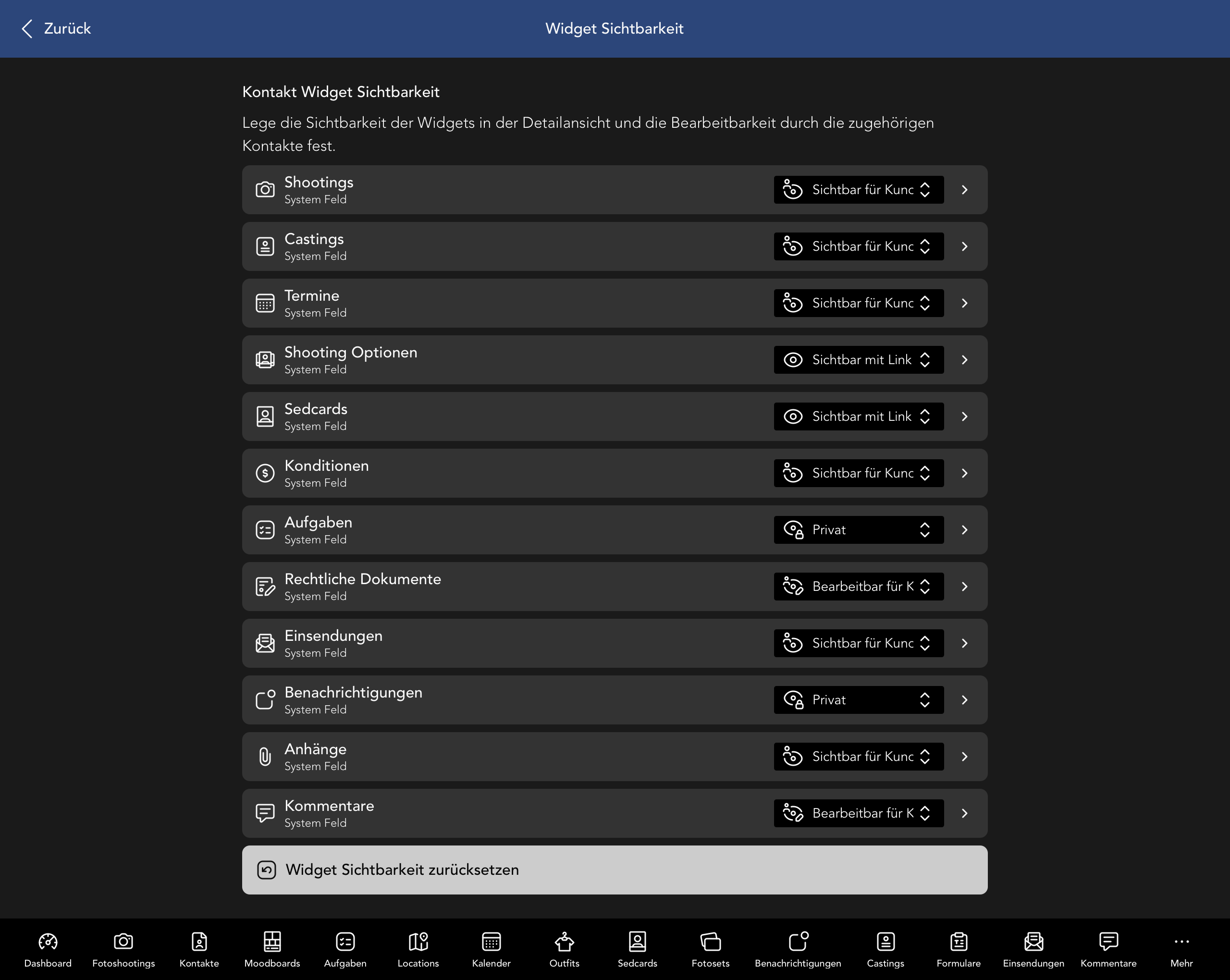 Kontakt Widget Sichtbarkeit