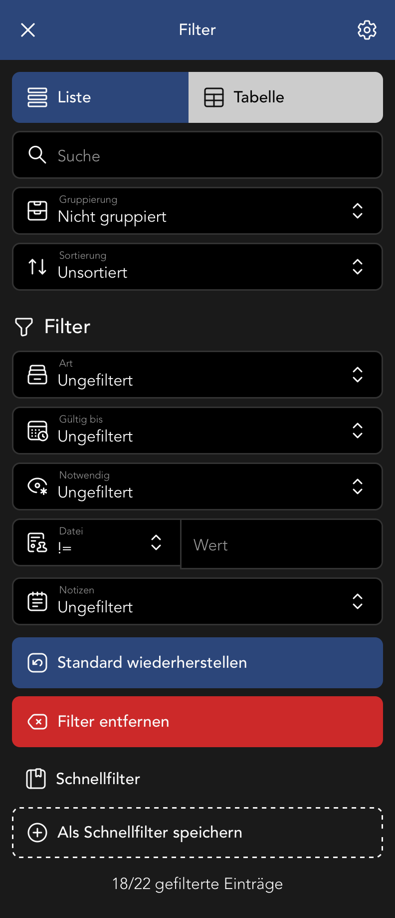 Filter Menu in der Vertrag Übersicht