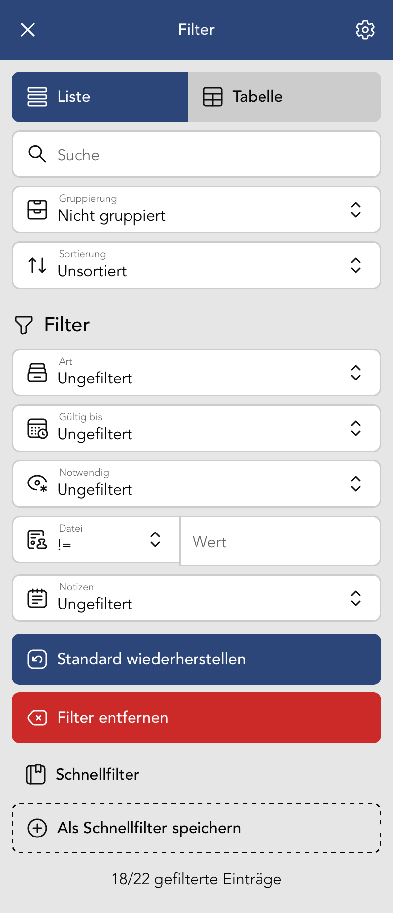 Filter Menu in der Vertrag Übersicht