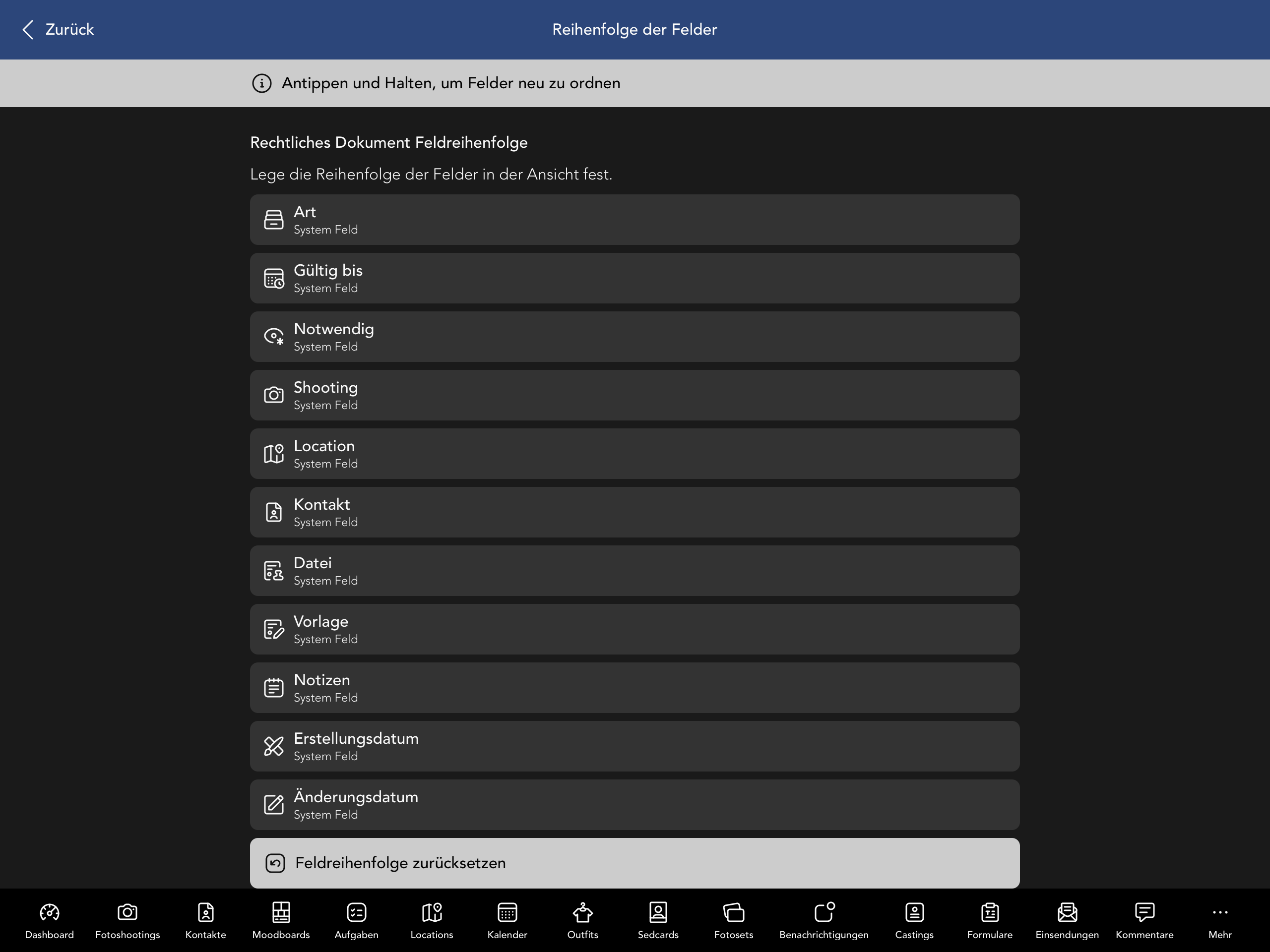 Reihenfolge der Vertrag Felder