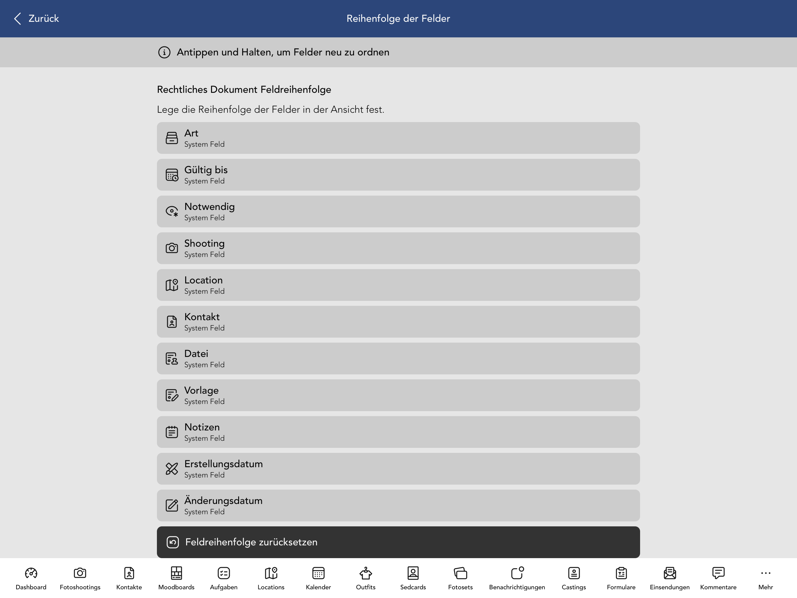 Reihenfolge der Vertrag Felder
