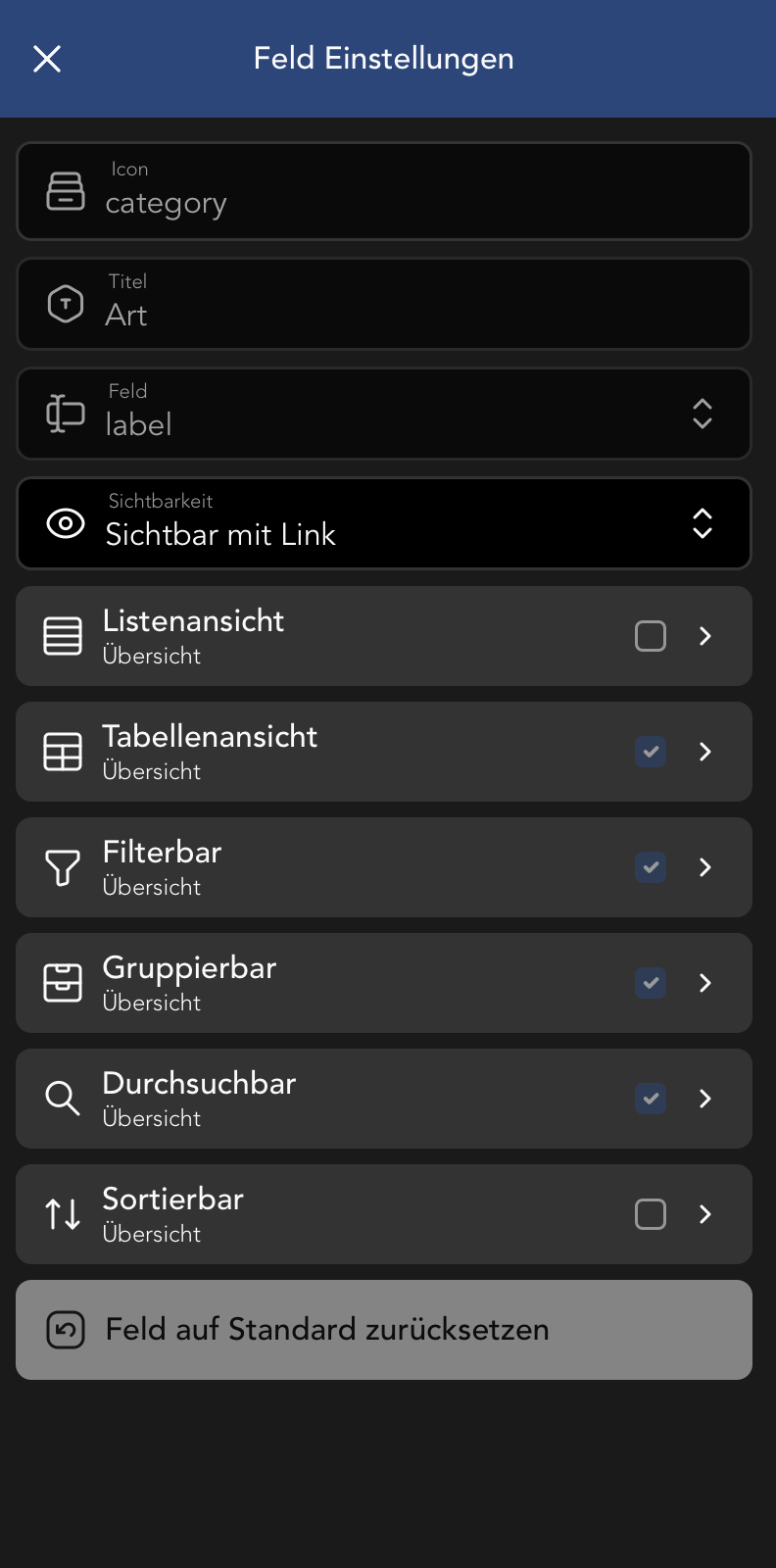 Vertrag Feld Einstellungen