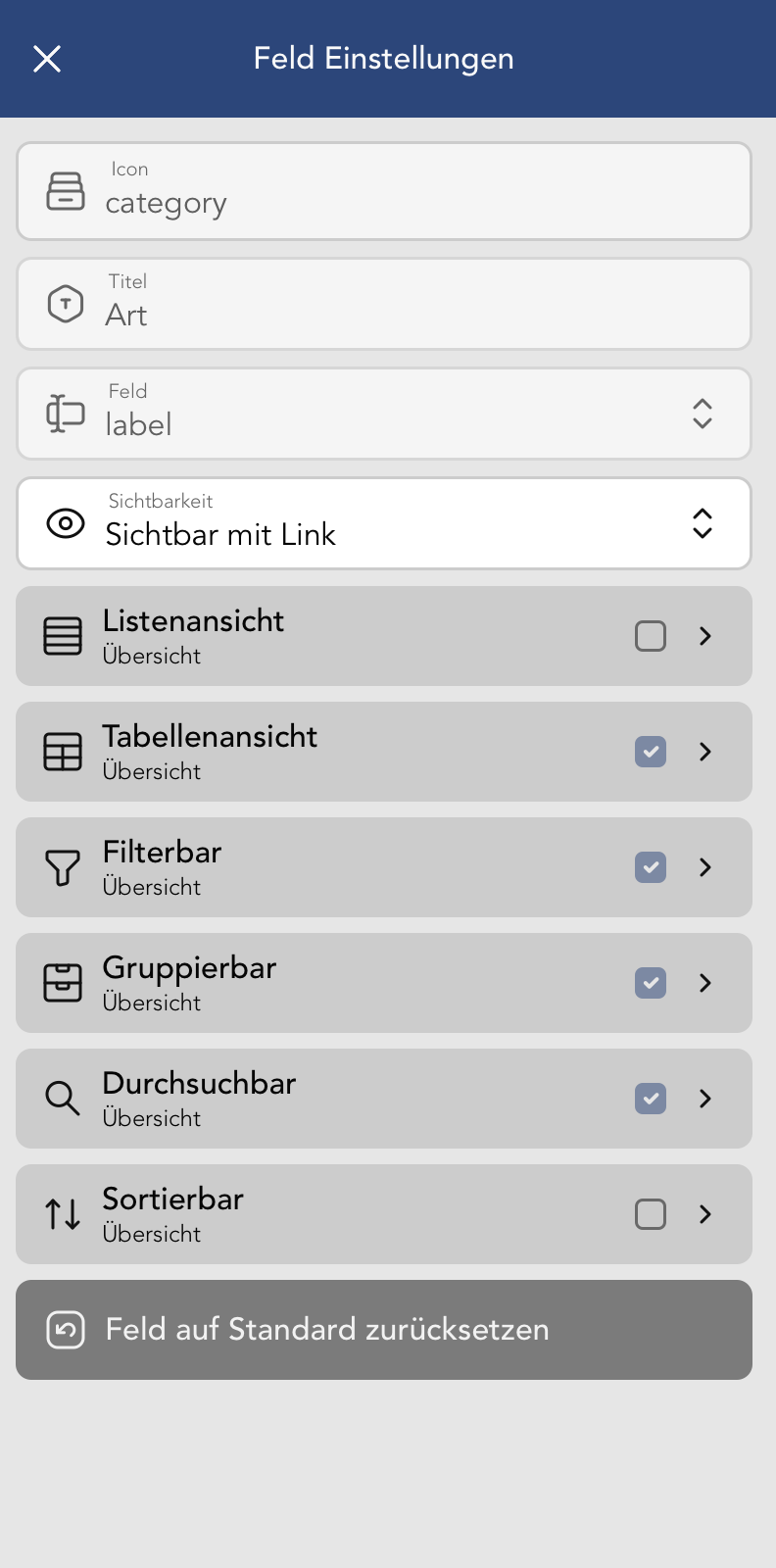Vertrag Feld Einstellungen