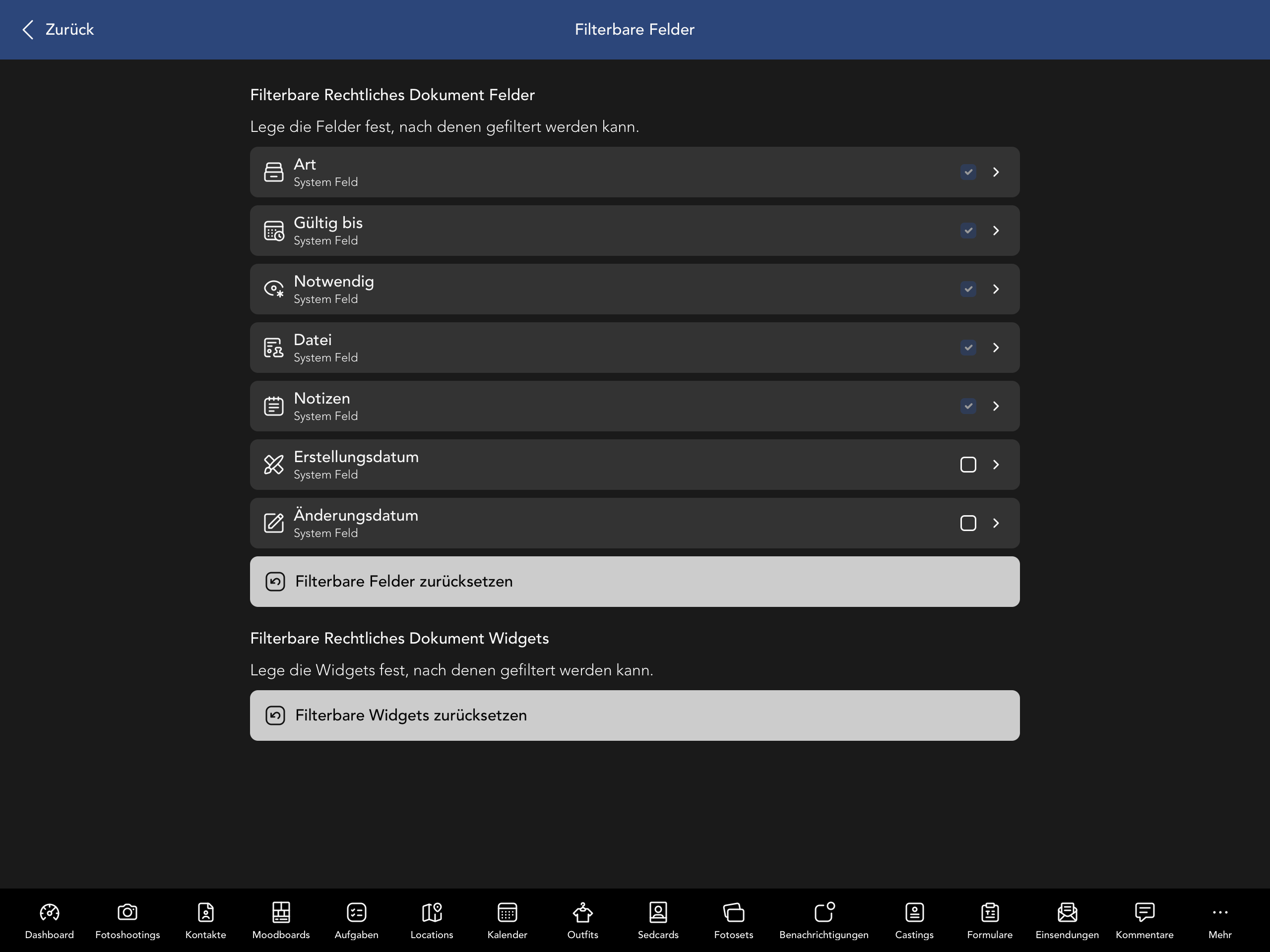 Filterbare Vertrag Felder und Widgets