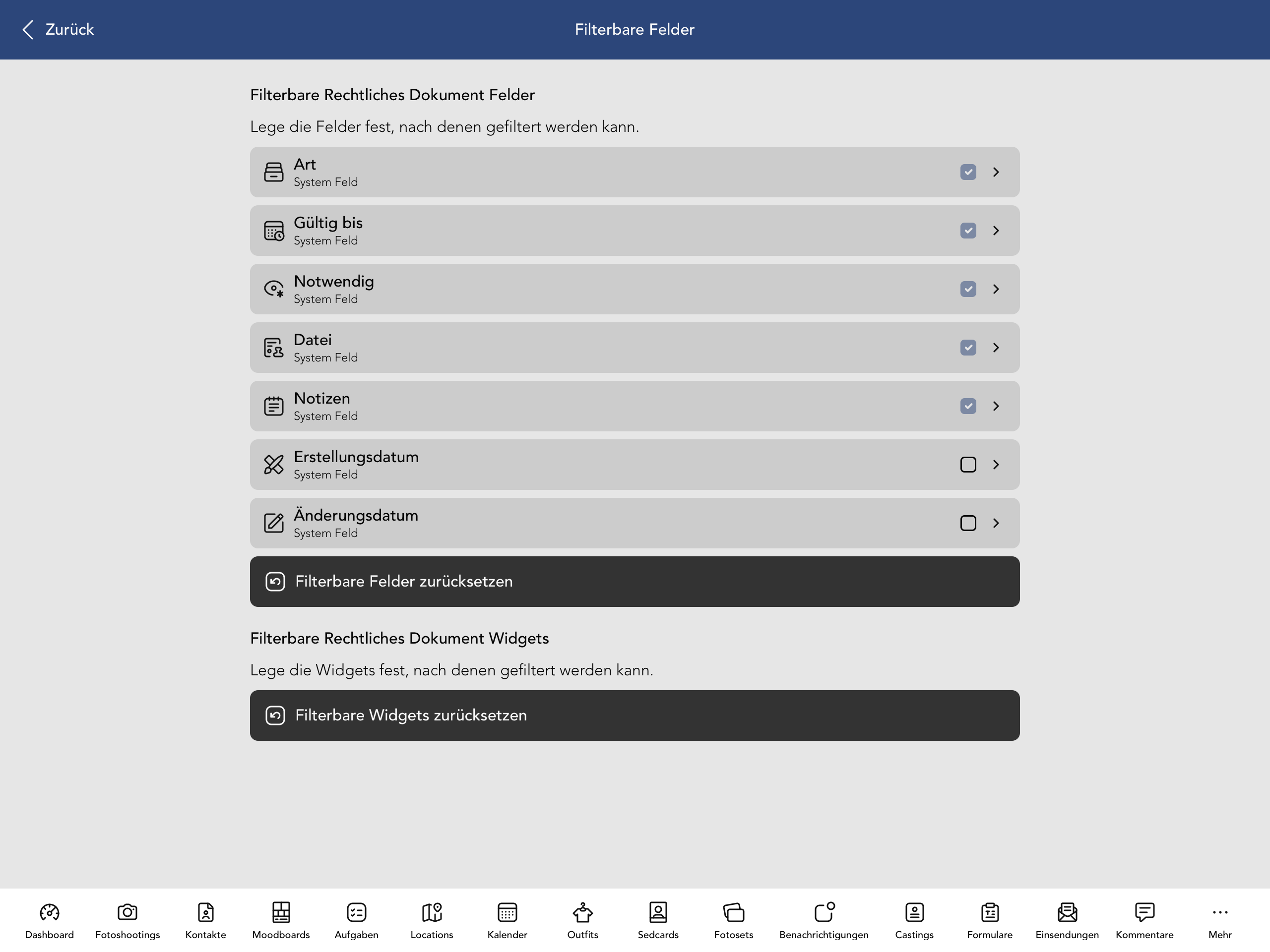 Filterbare Vertrag Felder und Widgets