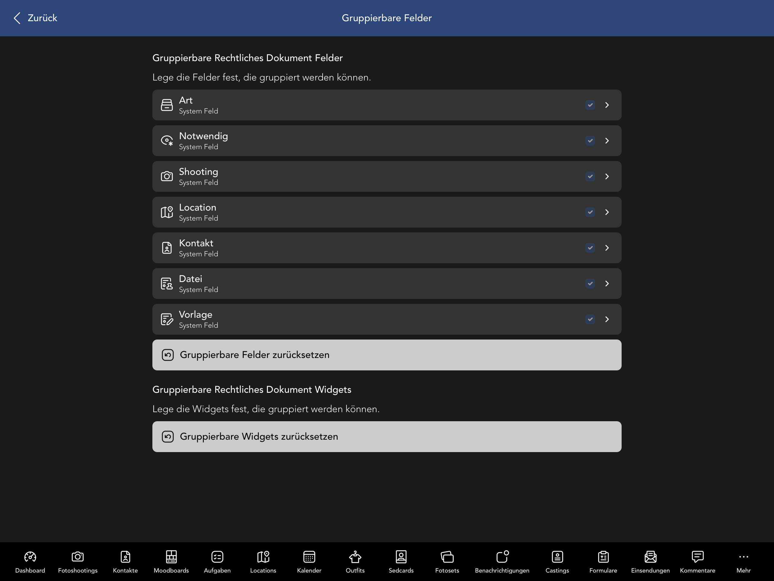 Gruppierbare Vertrag Felder und Widgets