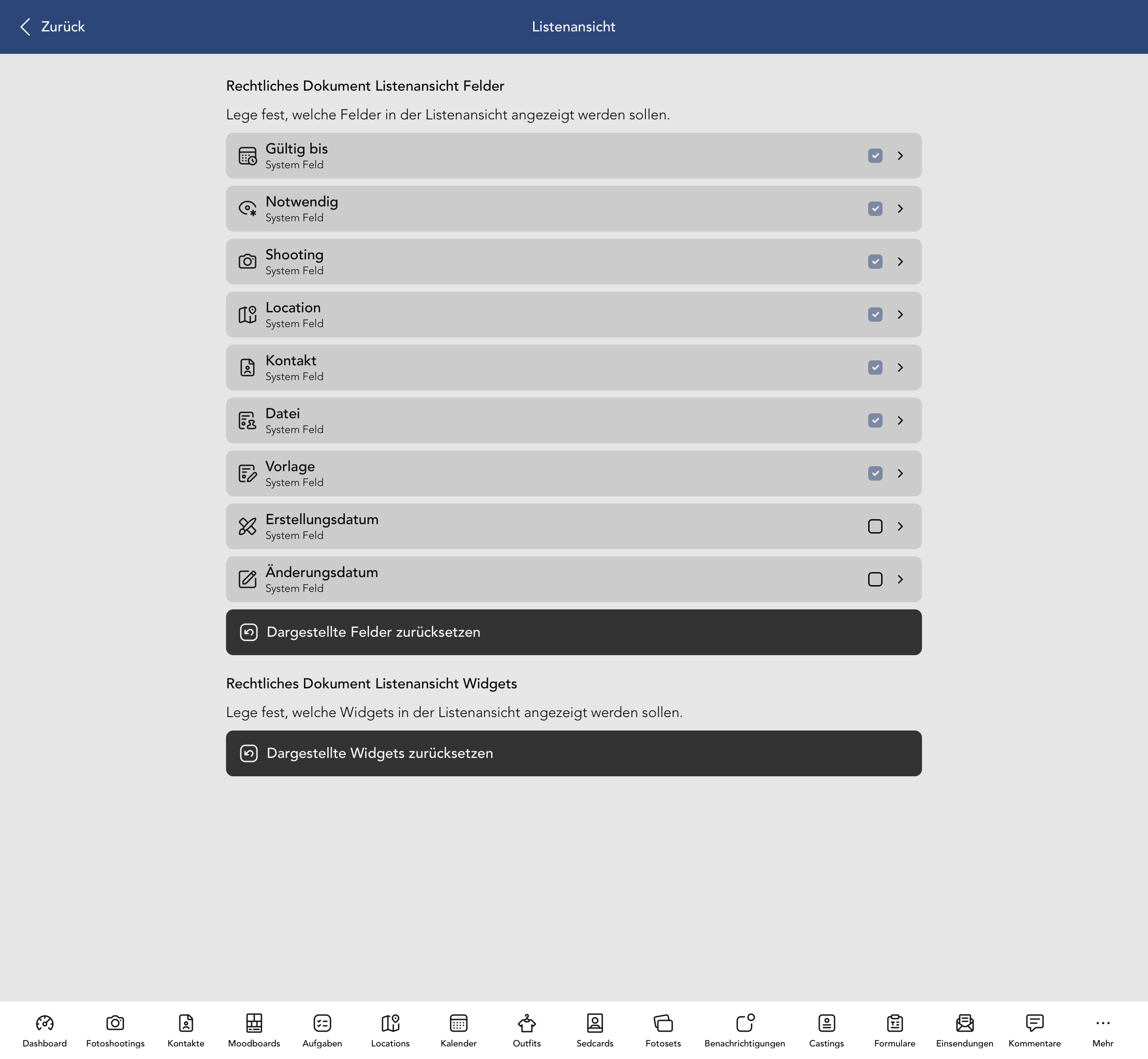 Vertrag Listenansicht Felder und Widgets