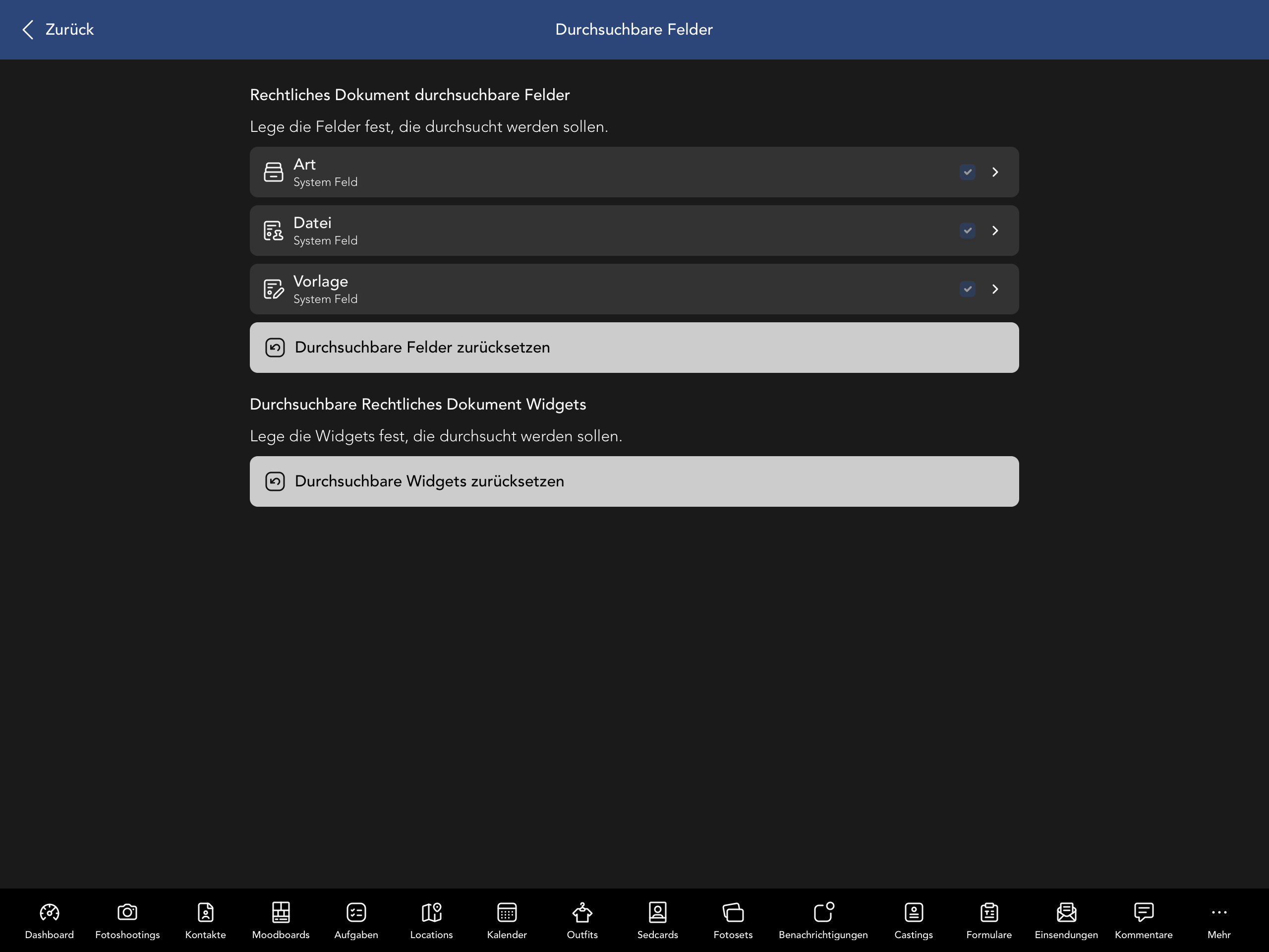 Durchsuchbare Vertrag Felder und Widgets