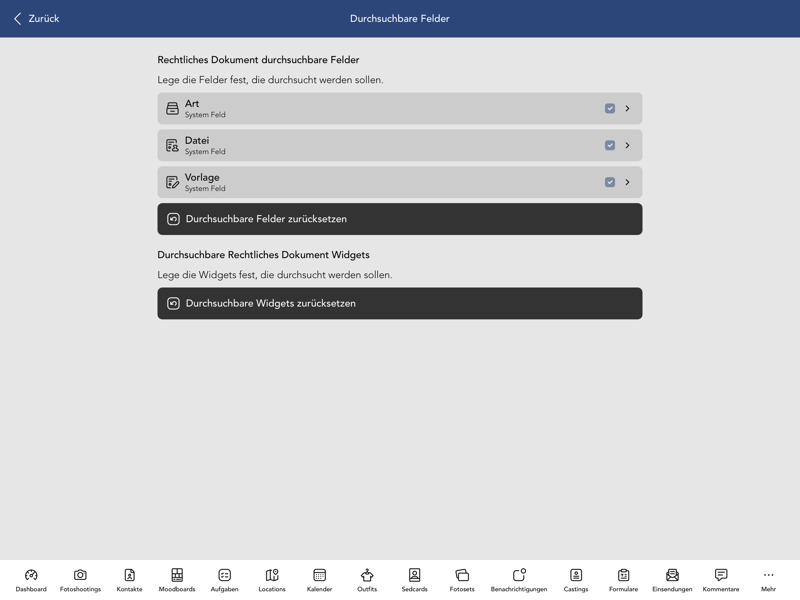 Durchsuchbare Vertrag Felder und Widgets