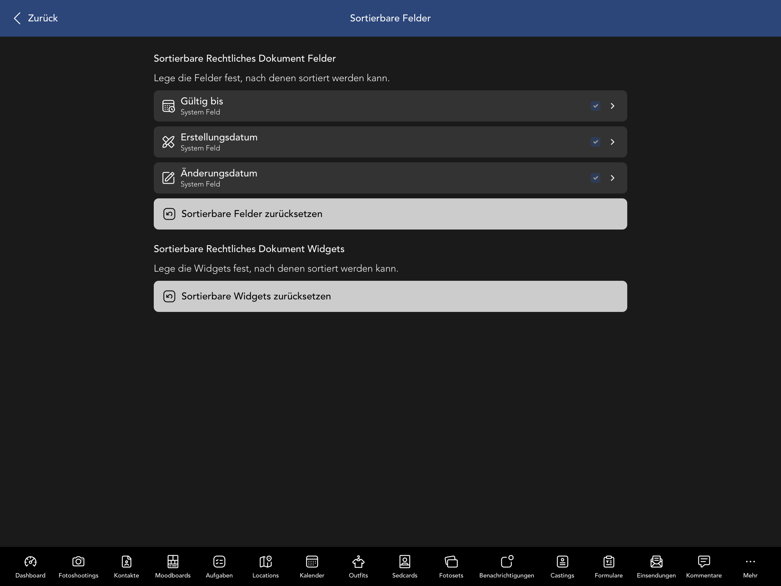 Sortierbare Vertrag Felder und Widgets