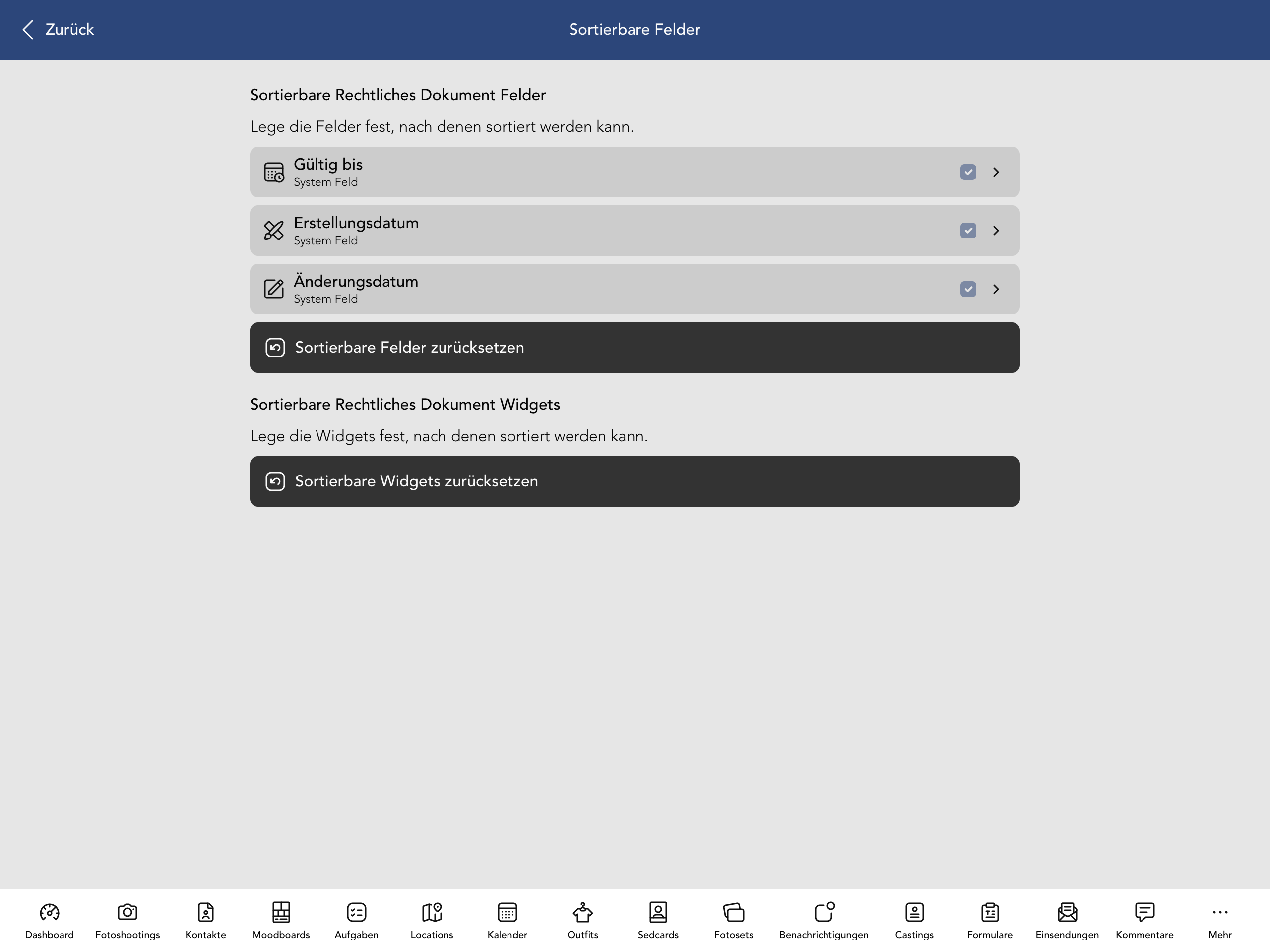 Sortierbare Vertrag Felder und Widgets