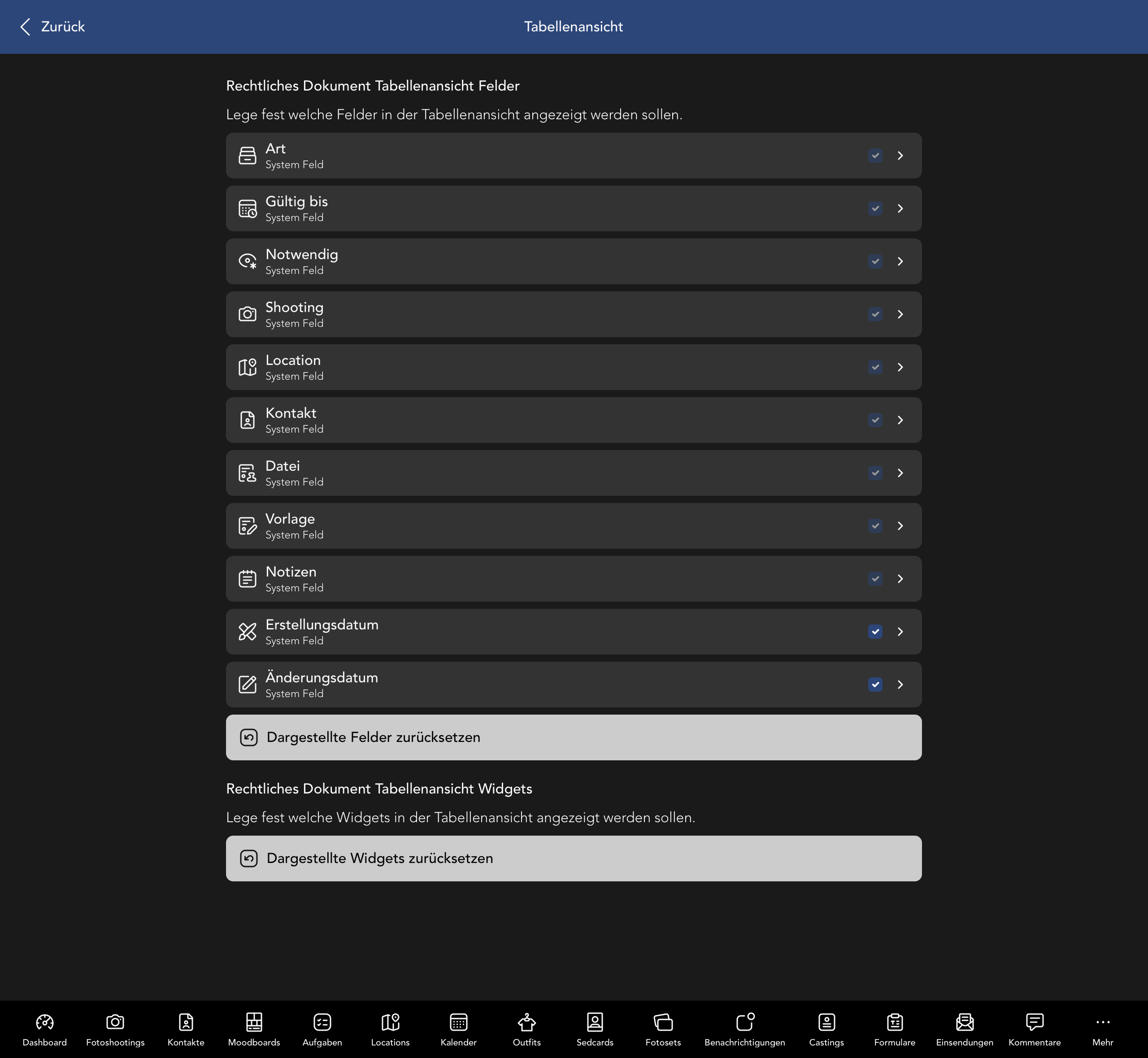 Vertrag Tabellenansicht Felder und Widgets