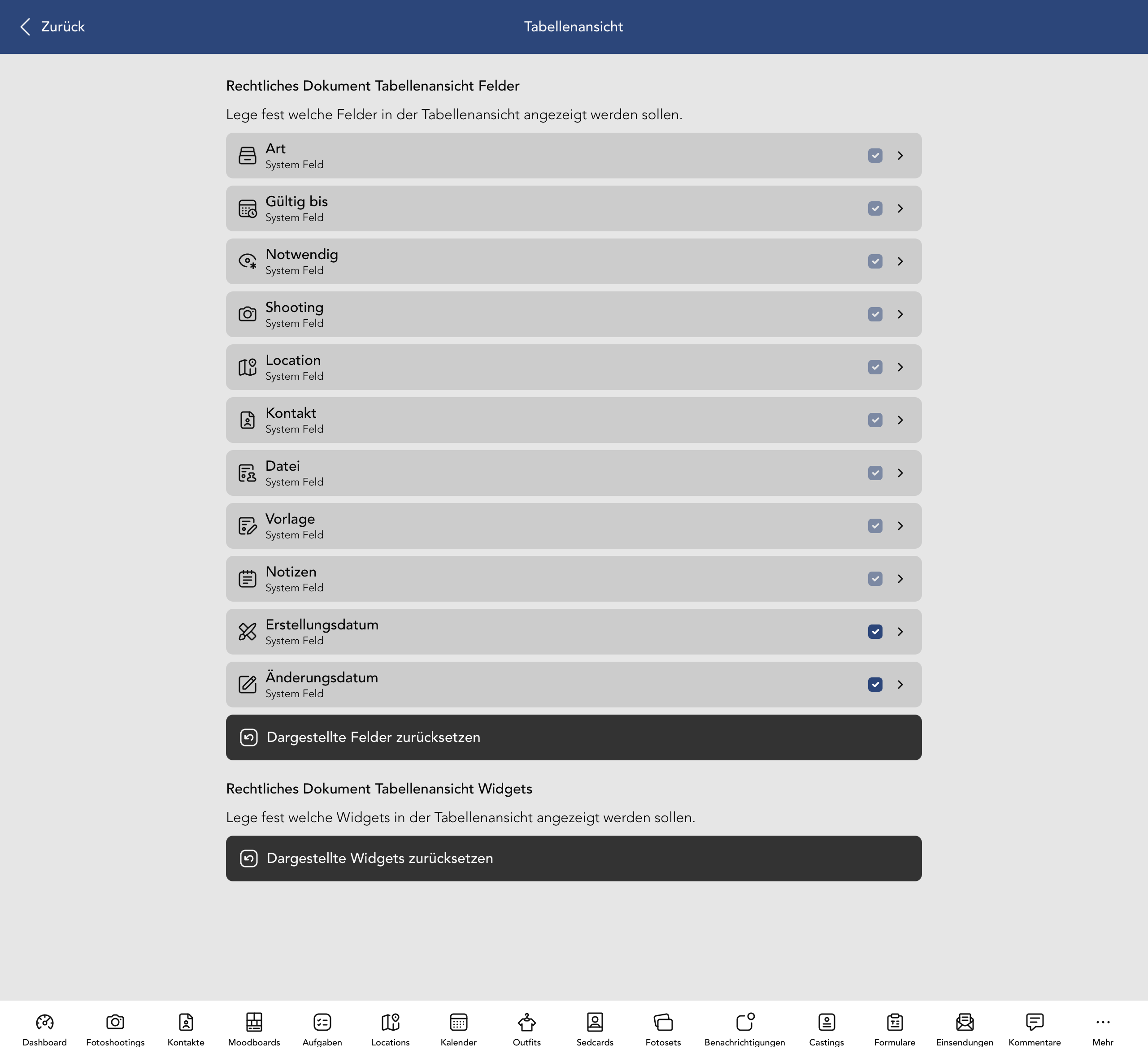 Vertrag Tabellenansicht Felder und Widgets
