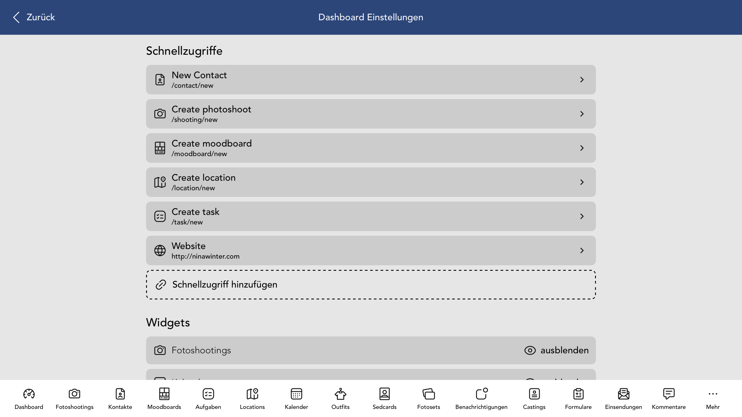Dashboard Schnellzugriff Einstellungen