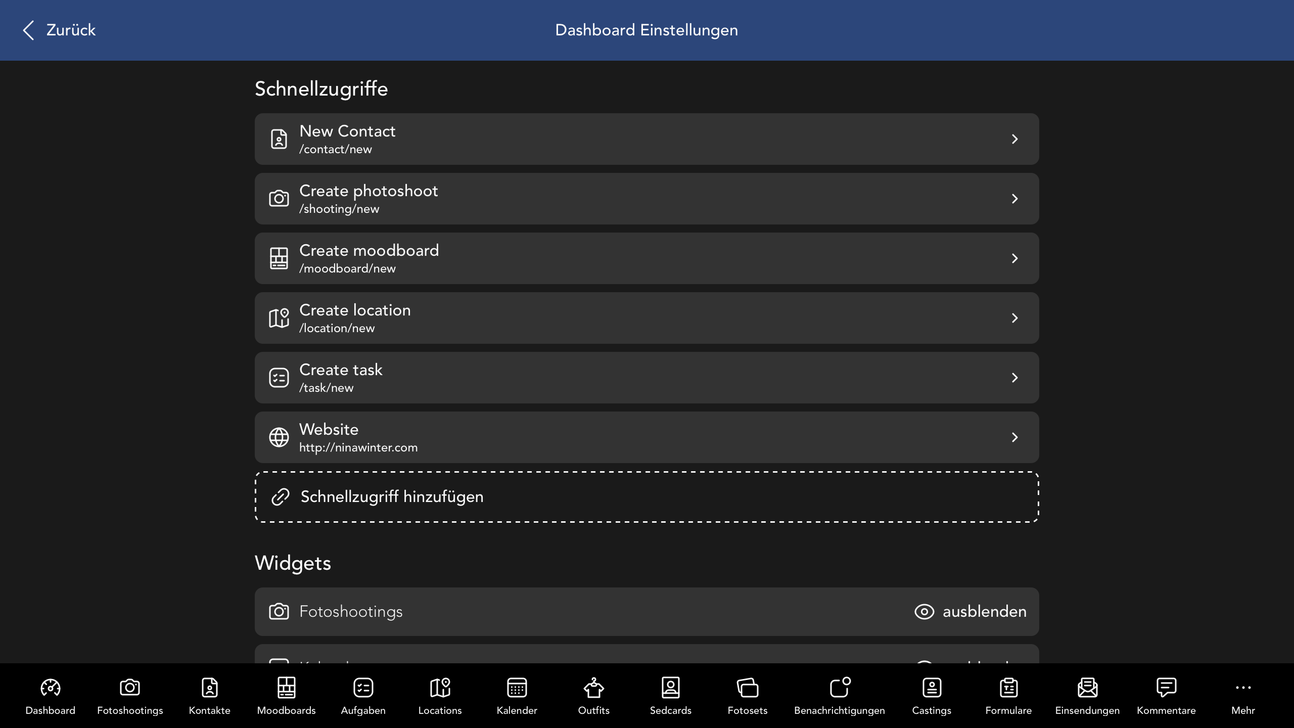 Dashboard Widget Einstellungen