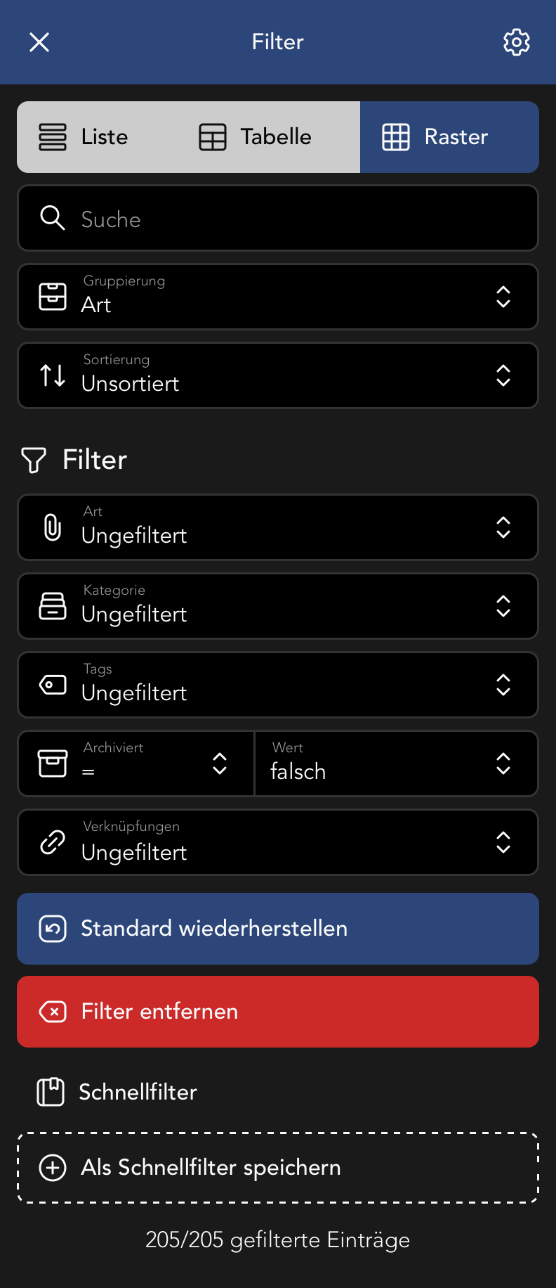 Filter Menu in der Datei Übersicht