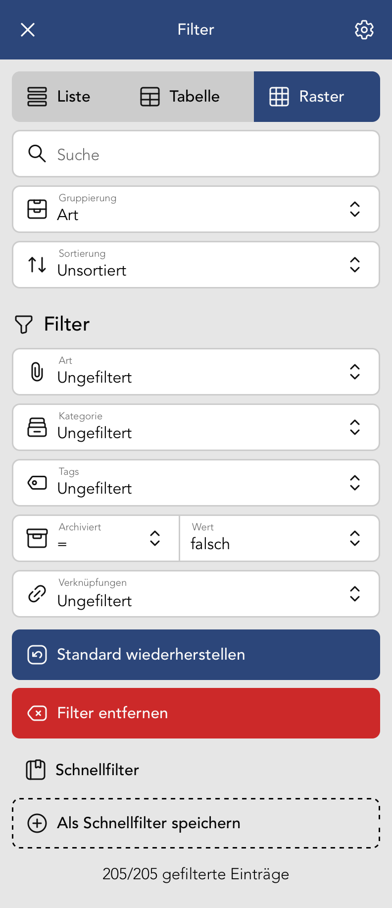 Filter Menu in der Datei Übersicht