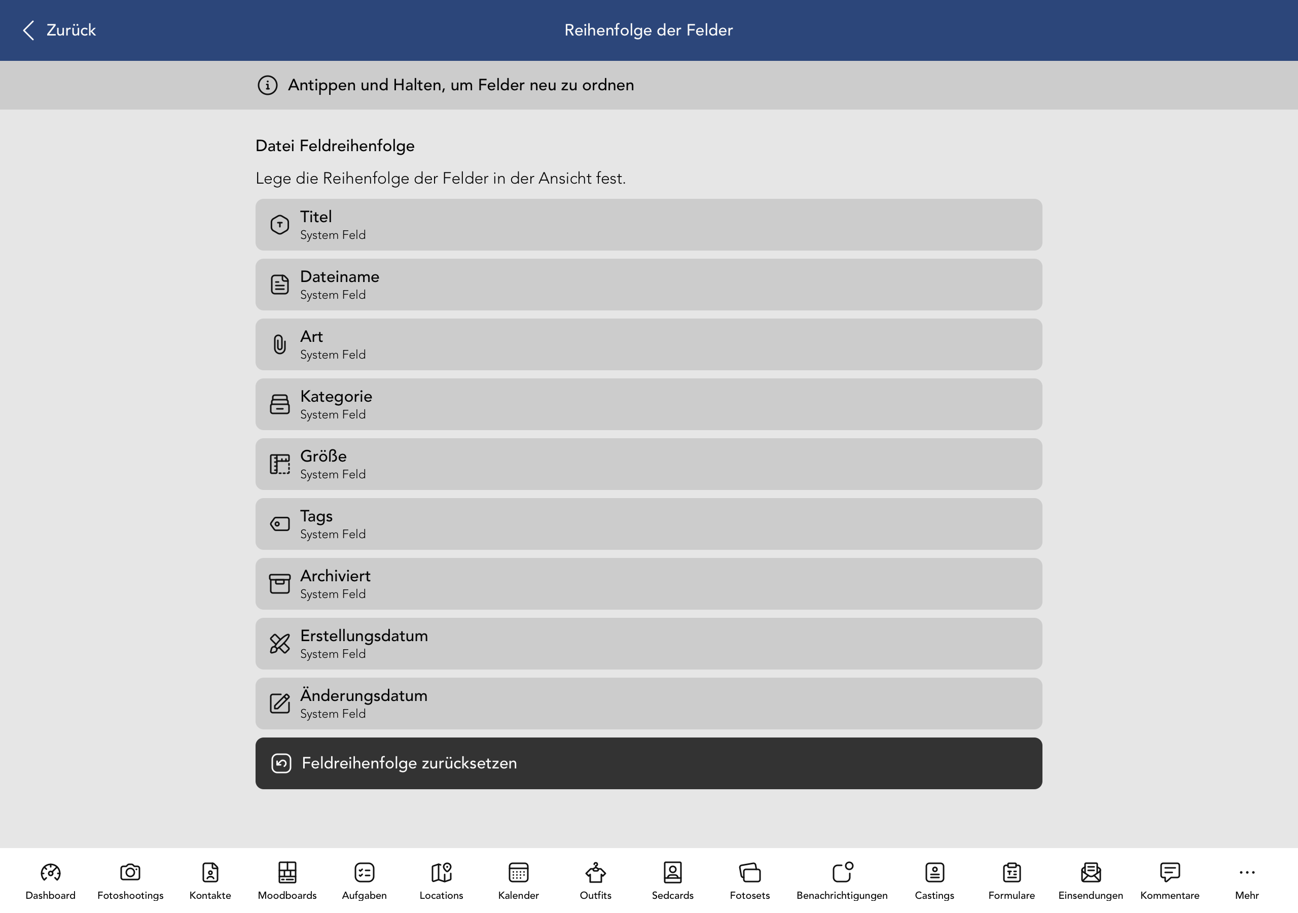 Reihenfolge der Datei Felder