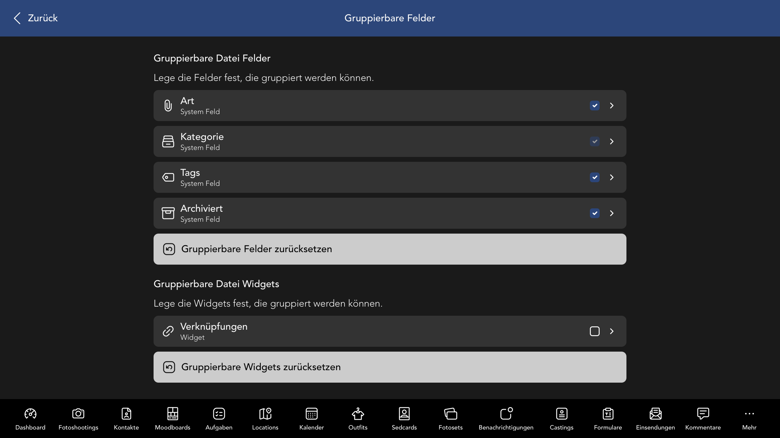 Gruppierbare Datei Felder und Widgets