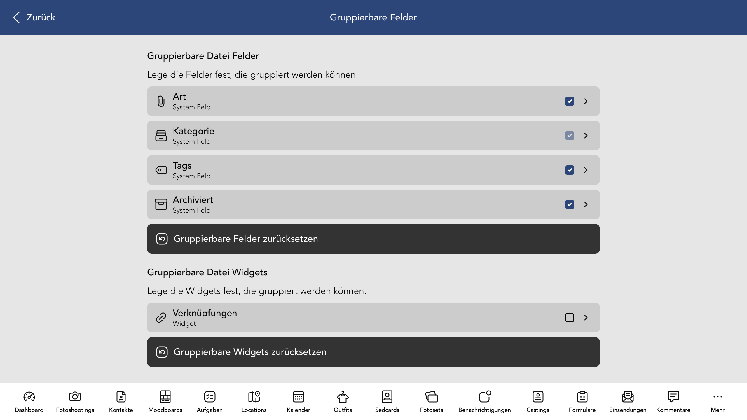 Gruppierbare Datei Felder und Widgets