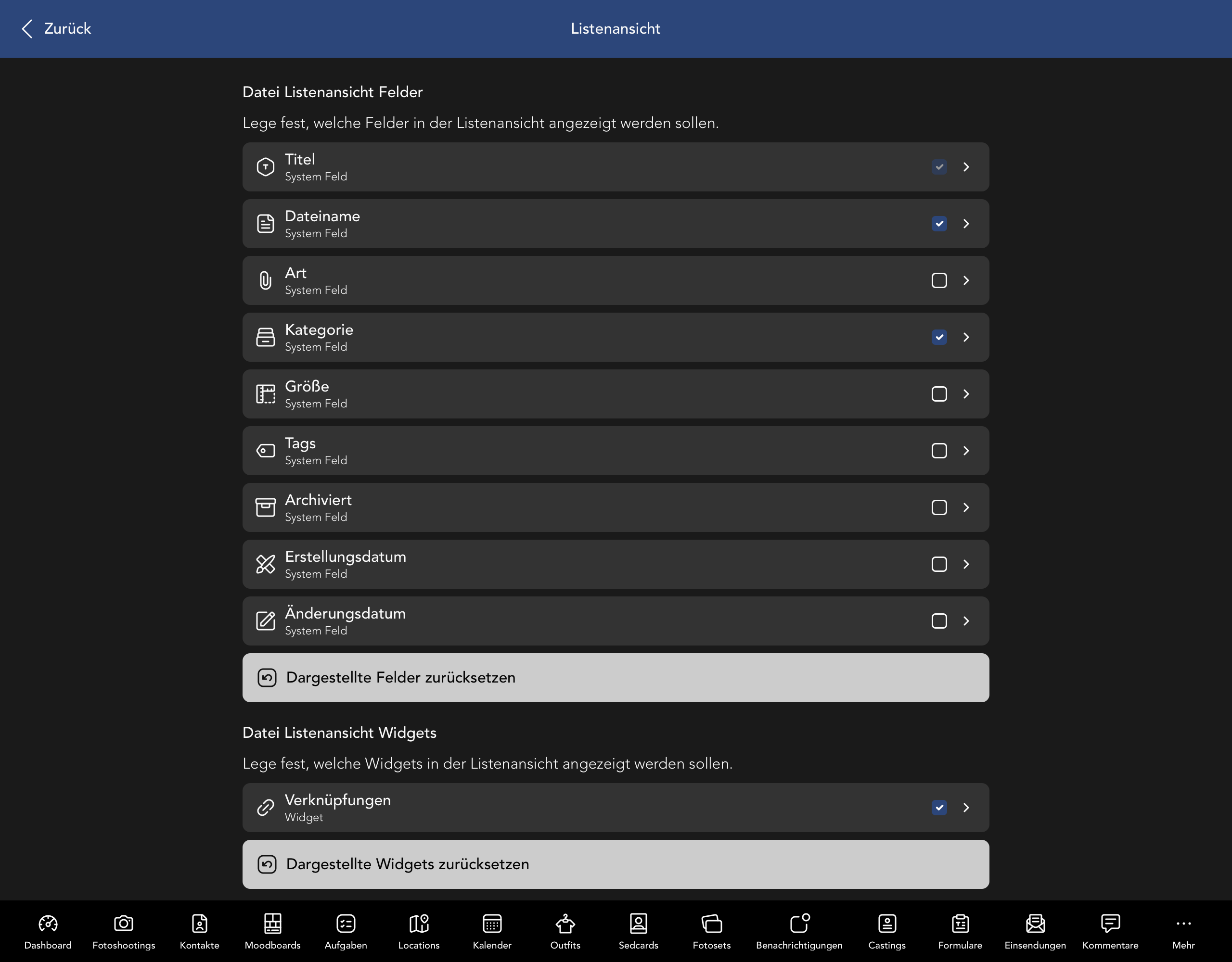 Datei Listenansicht Felder und Widgets