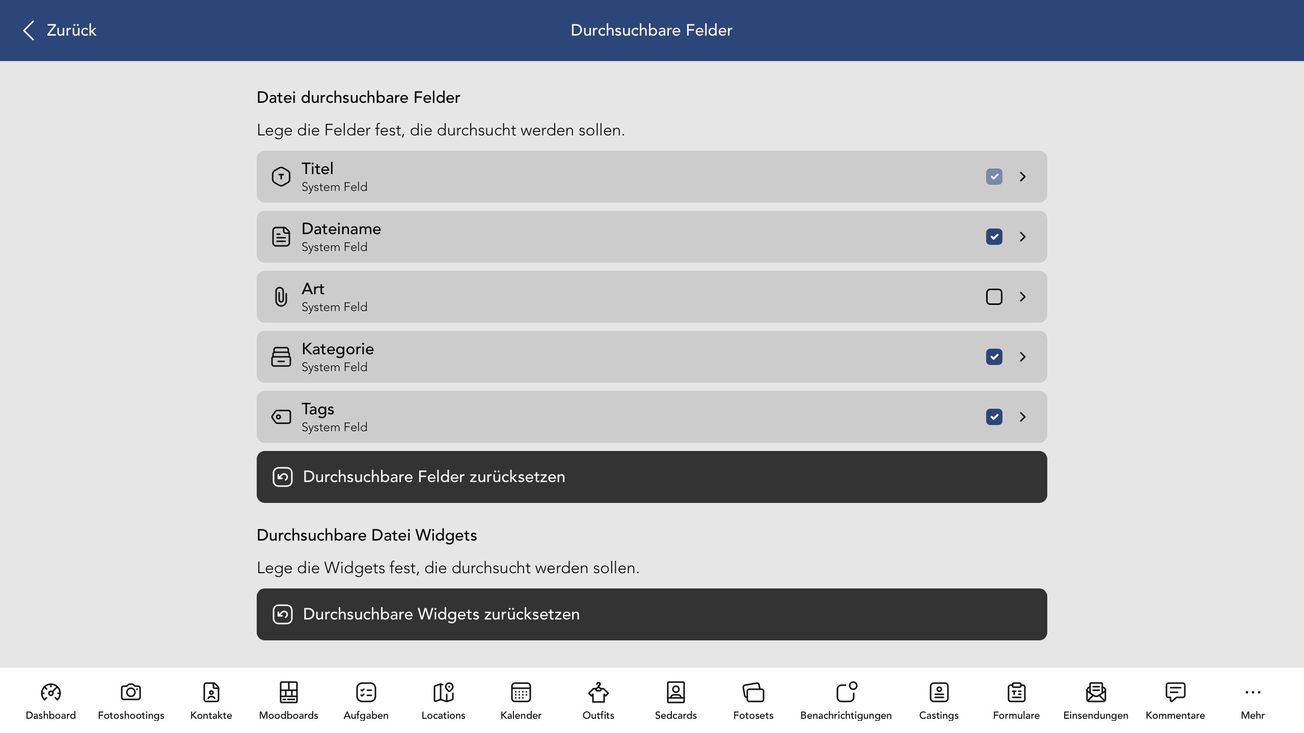 Durchsuchbare Datei Felder und Widgets