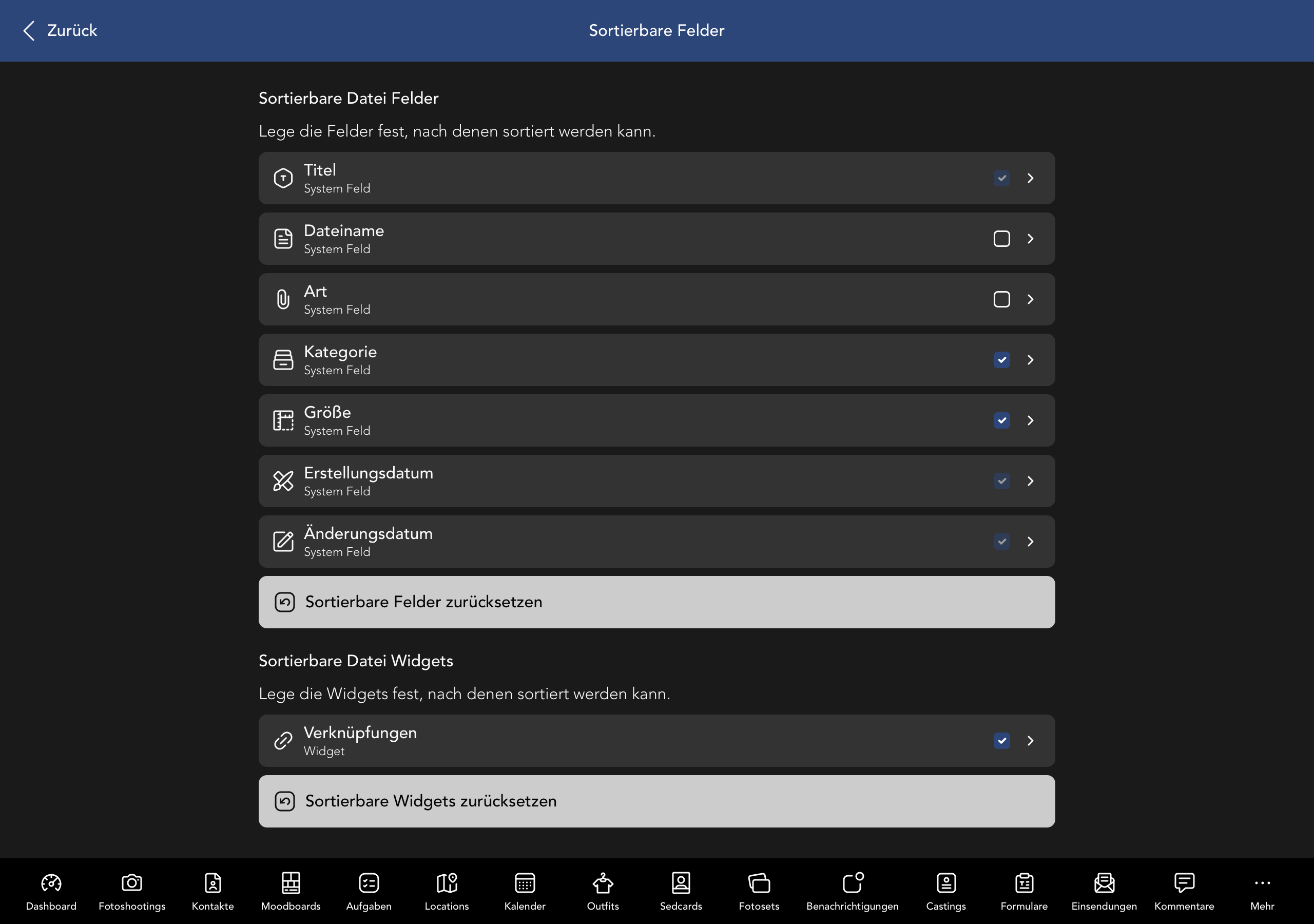 Sortierbare Datei Felder und Widgets