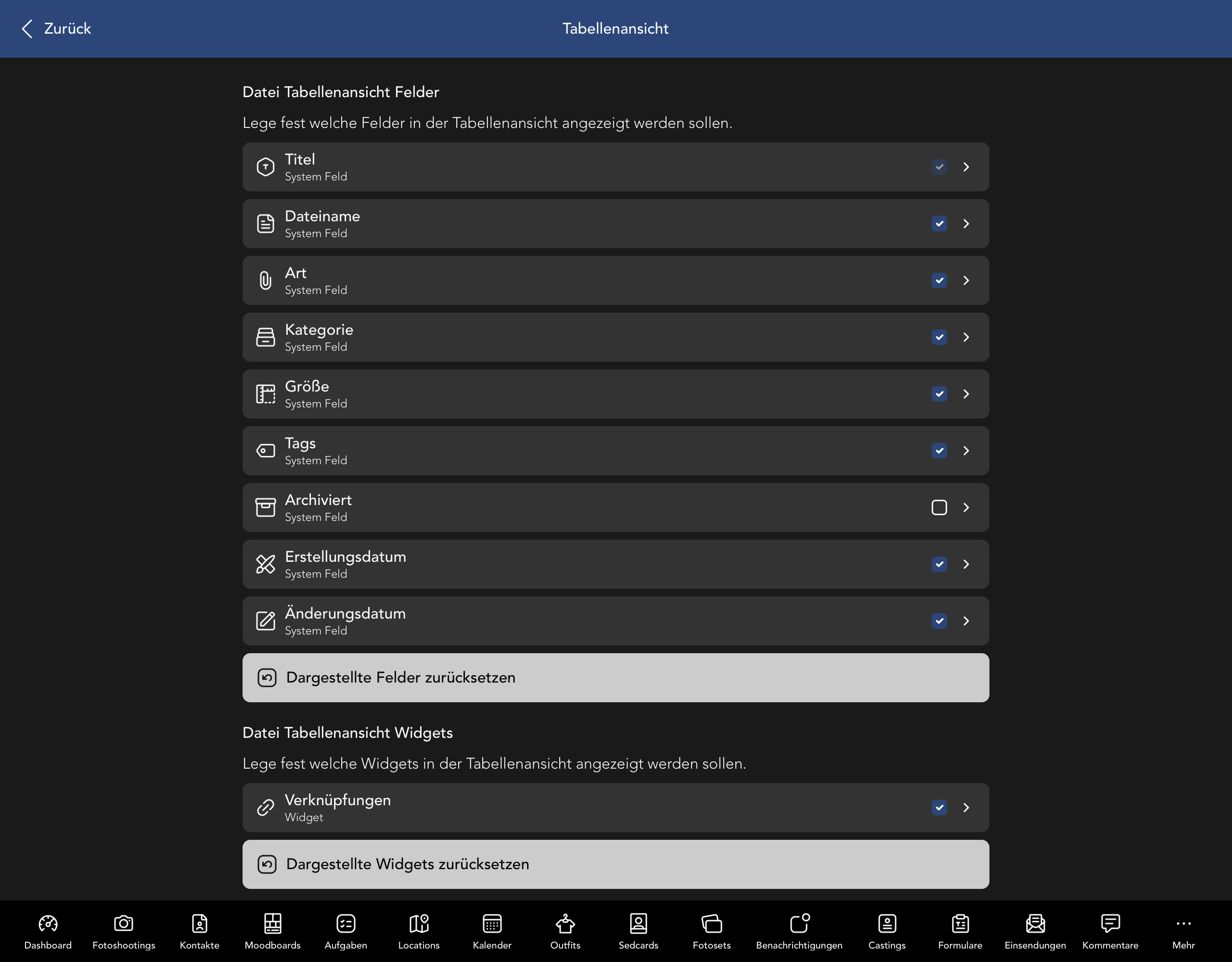 Datei Tabellenansicht Felder und Widgets