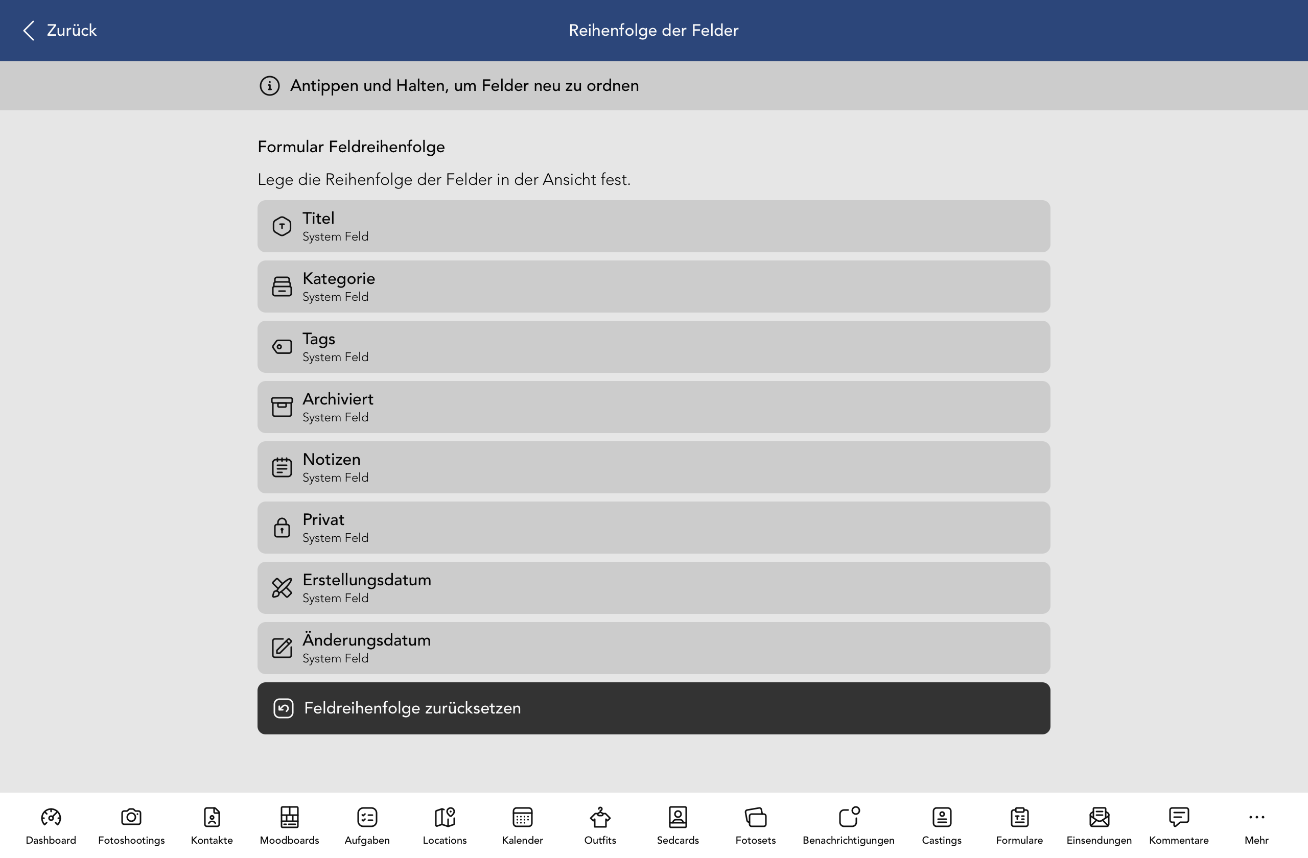 Reihenfolge der Formular Felder