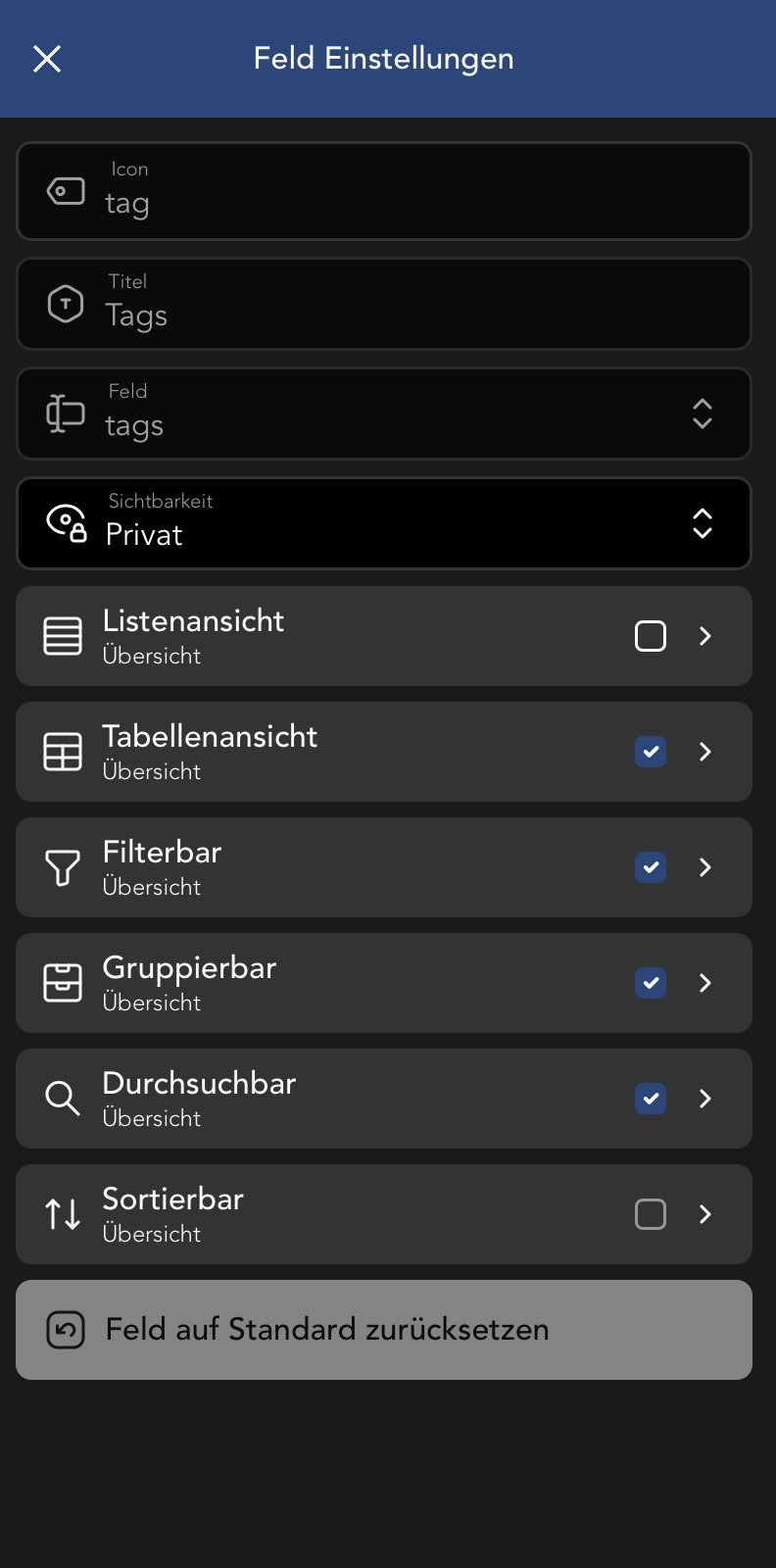 Formular Feld Einstellungen