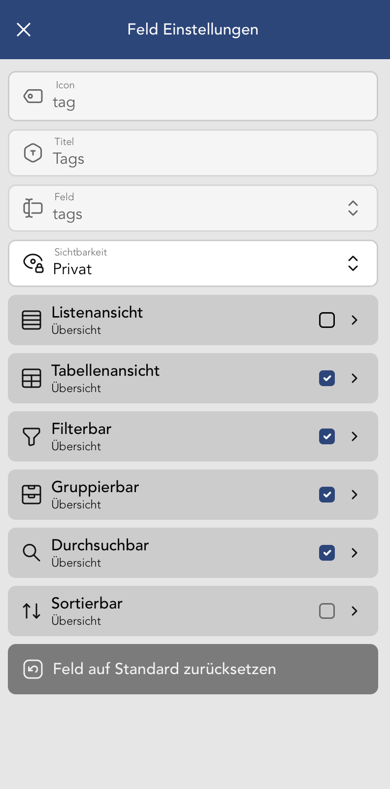Formular Feld Einstellungen