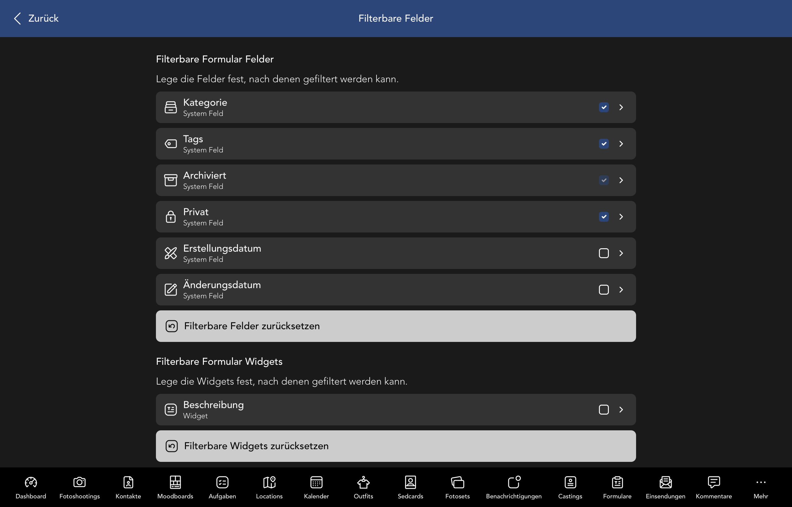 Filterbare Formular Felder und Widgets
