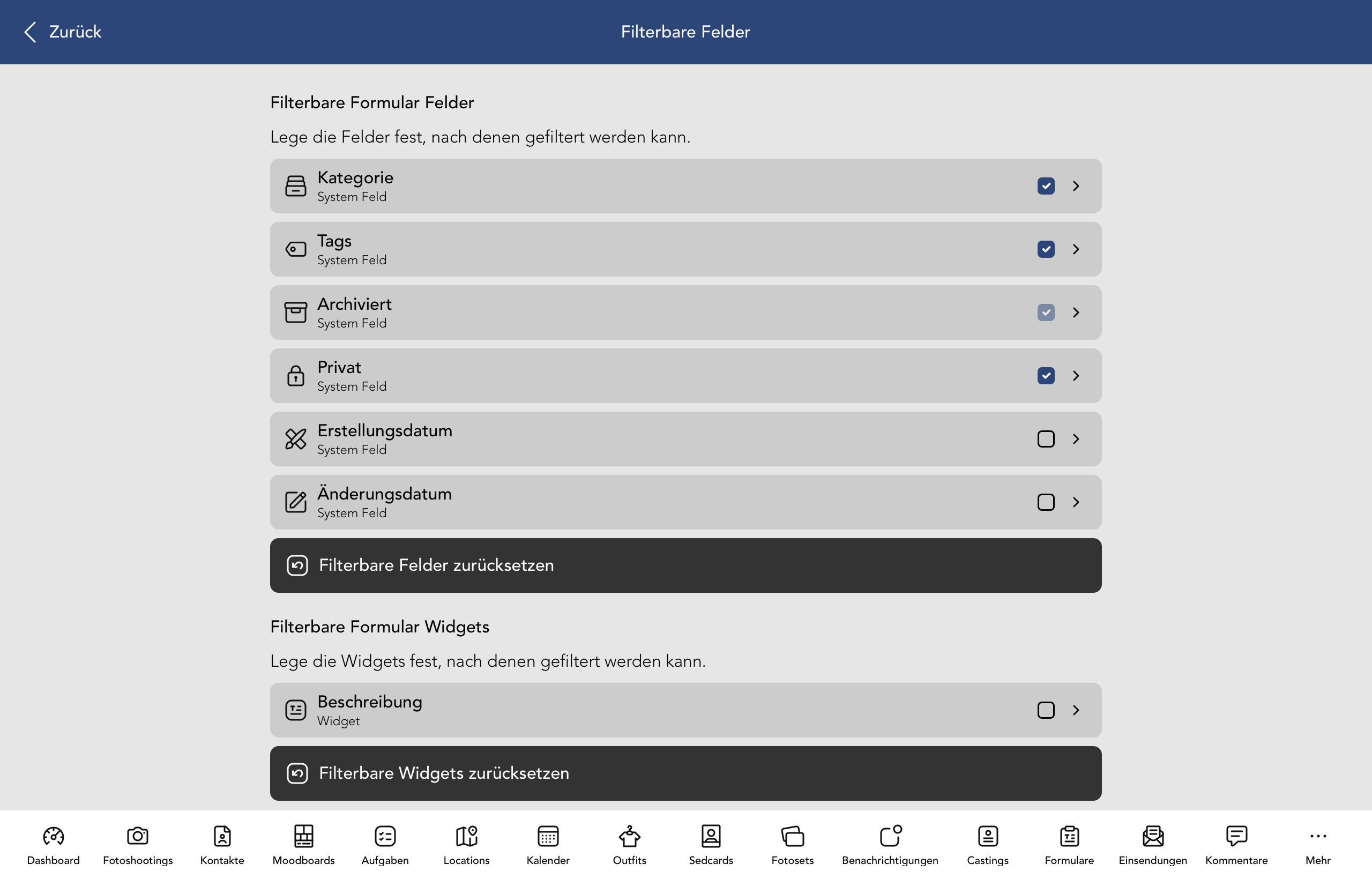 Filterbare Formular Felder und Widgets