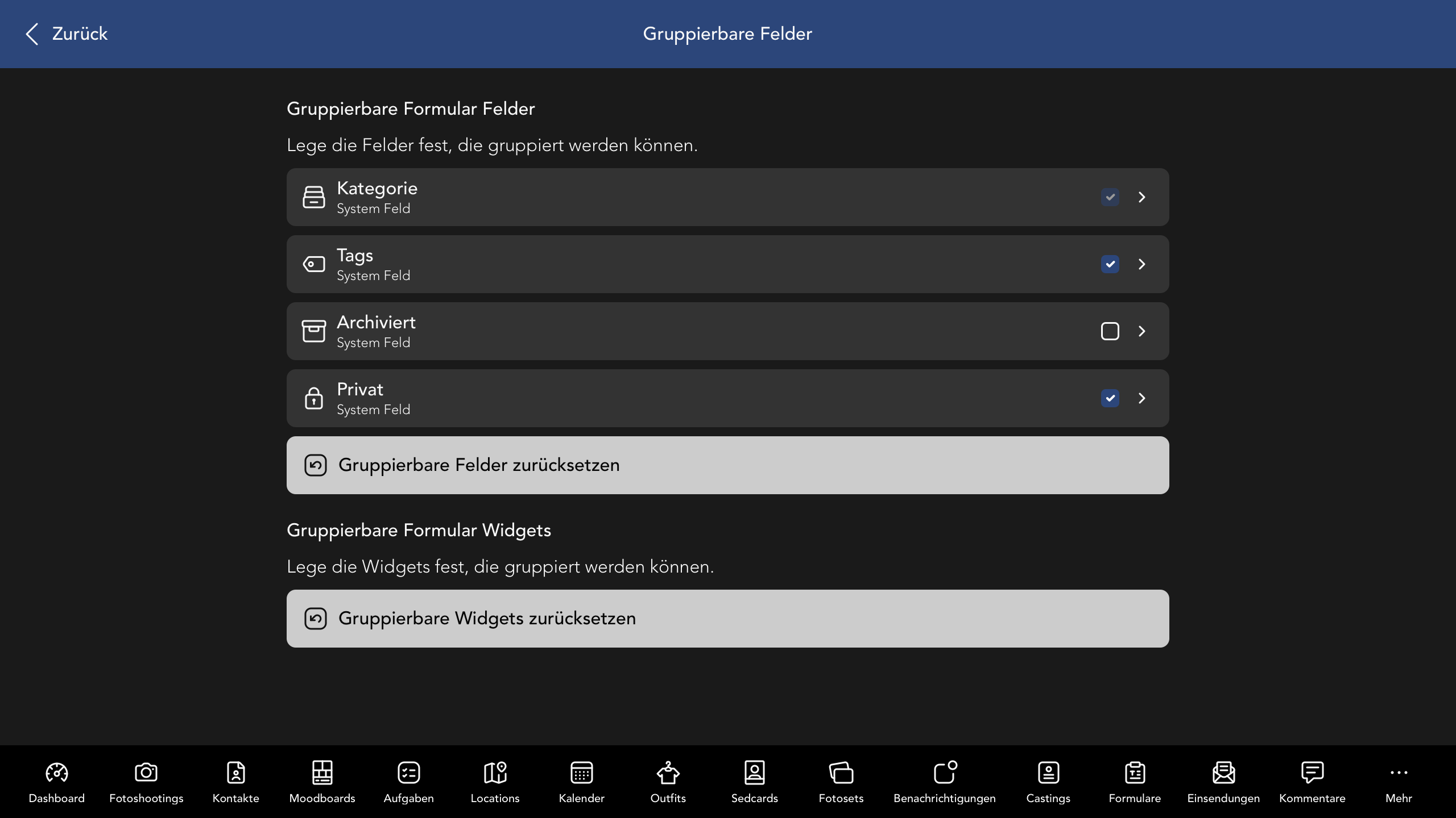 Gruppierbare Formular Felder und Widgets