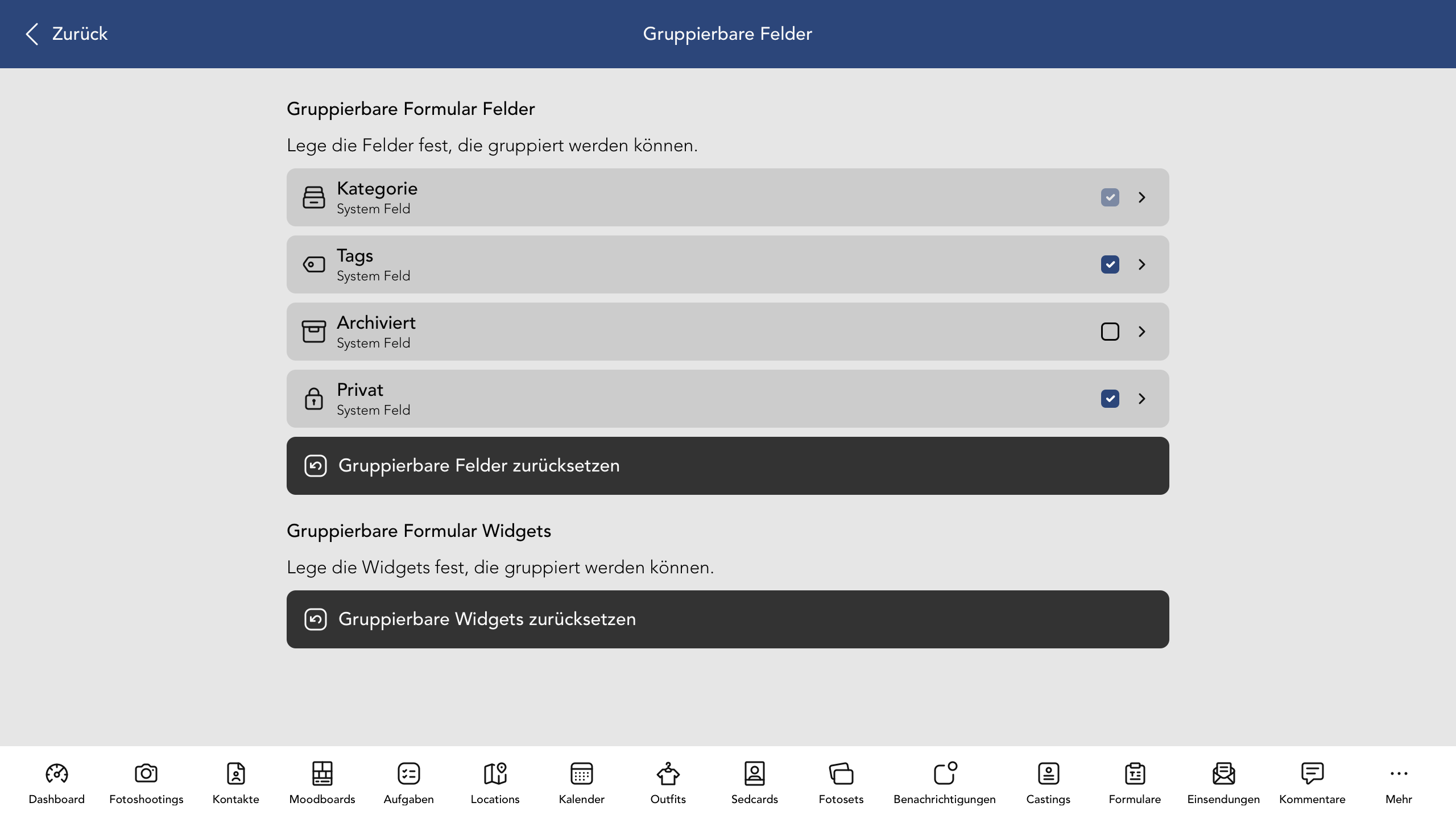 Gruppierbare Formular Felder und Widgets