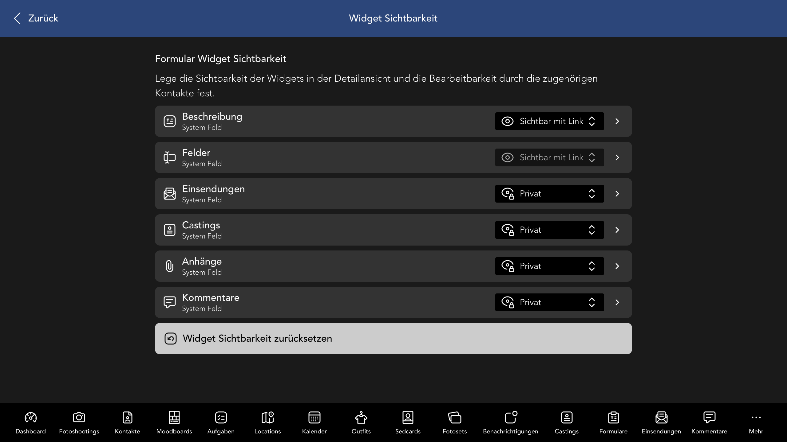 Formular Widget Sichtbarkeit