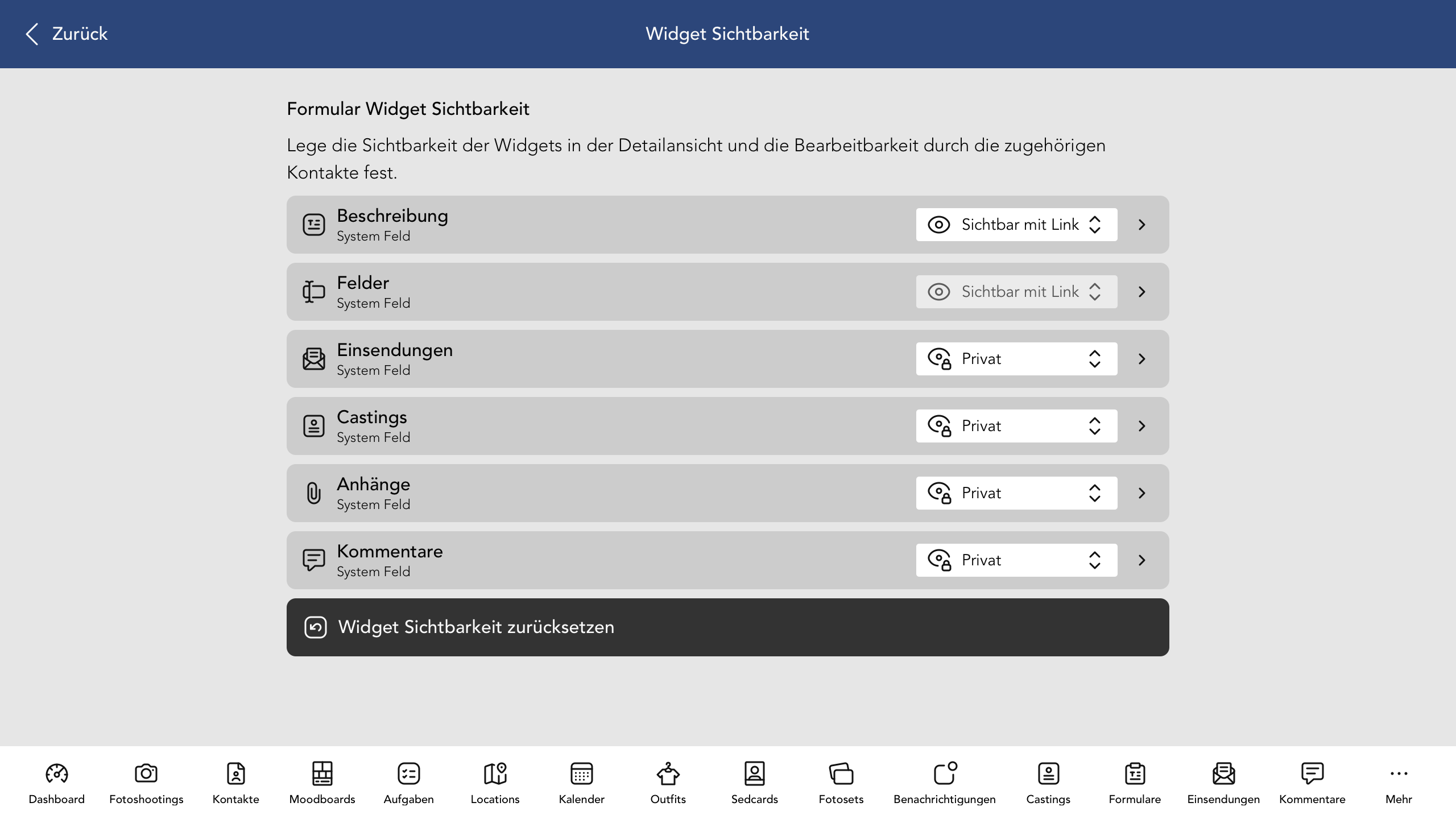 Formular Widget Sichtbarkeit