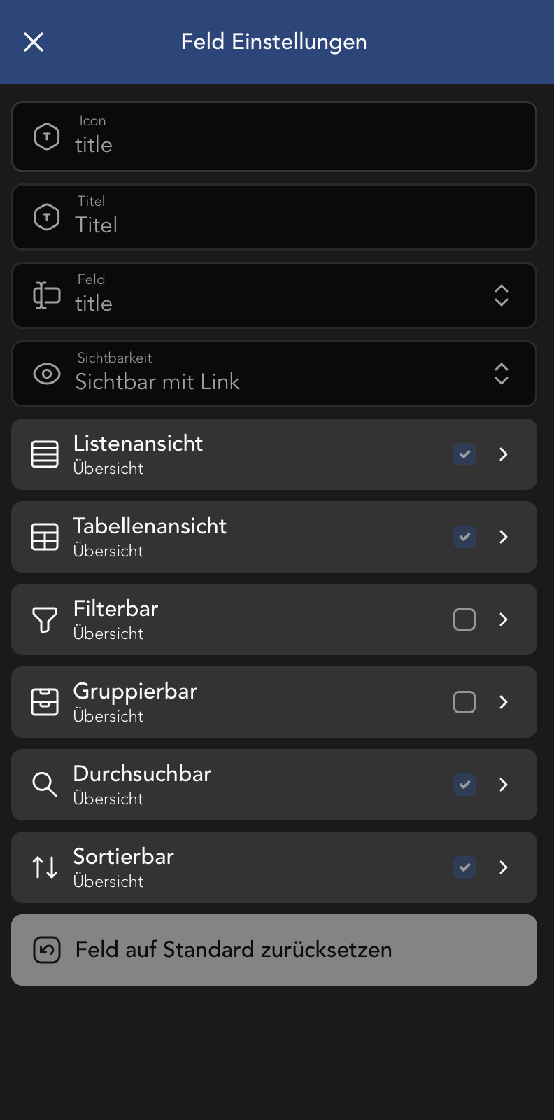 Ziel Feld Einstellungen