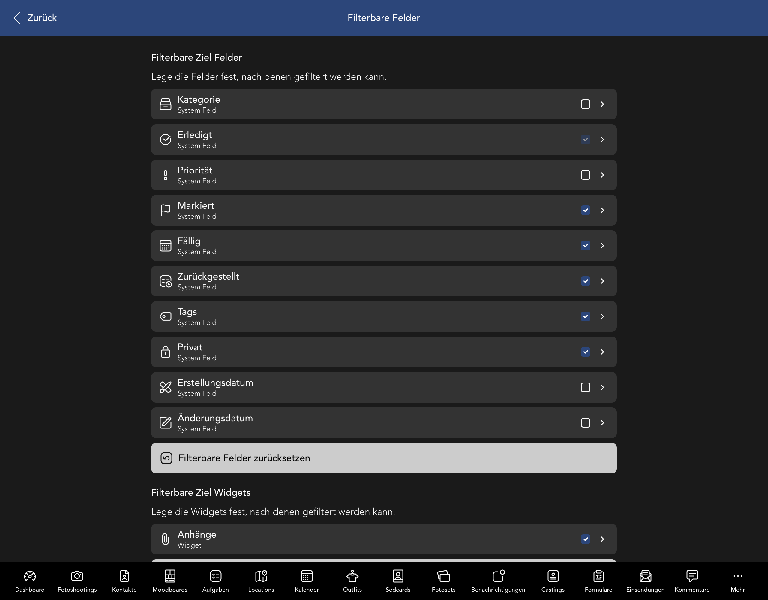 Filterbare Ziel Felder und Widgets