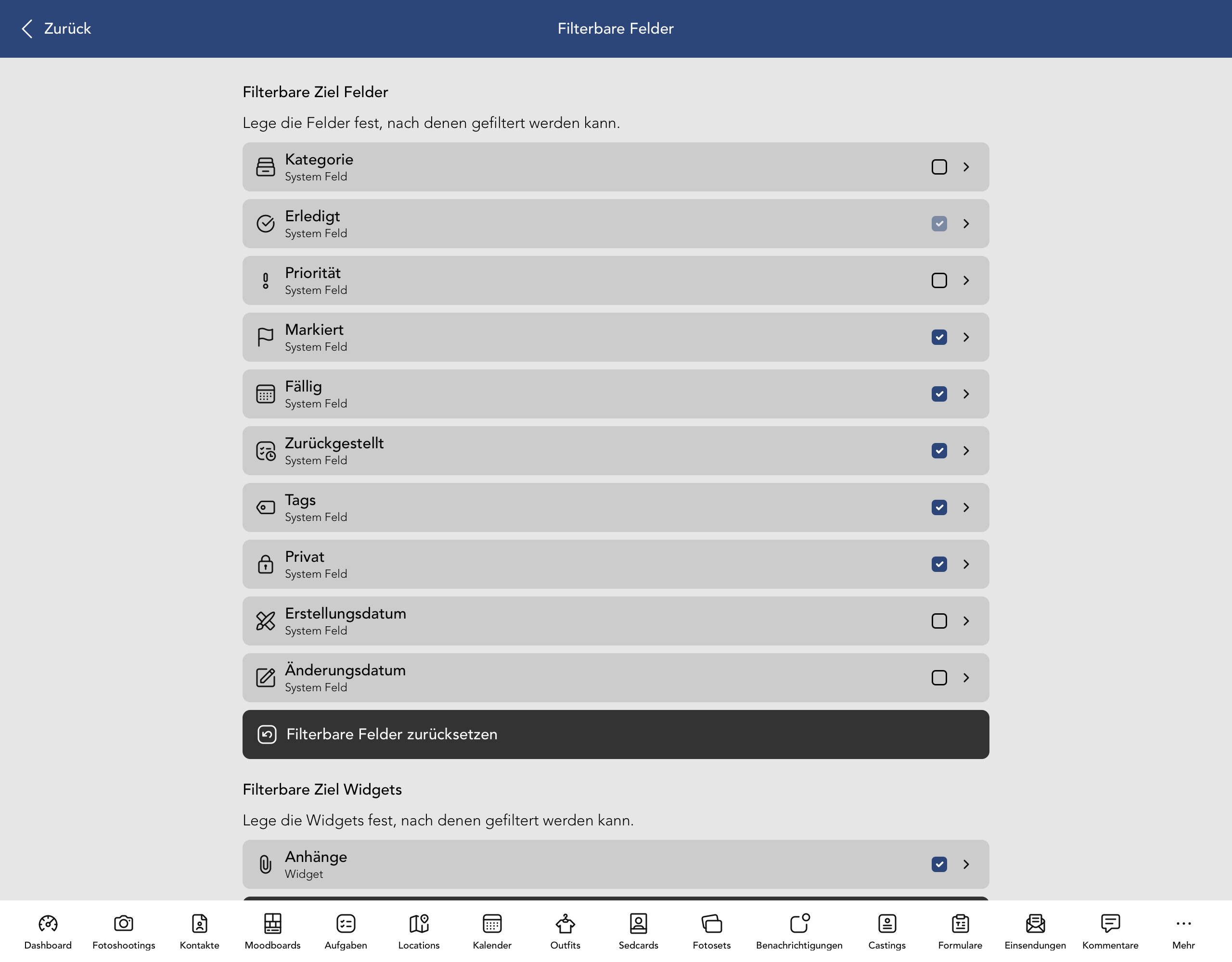 Filterbare Ziel Felder und Widgets