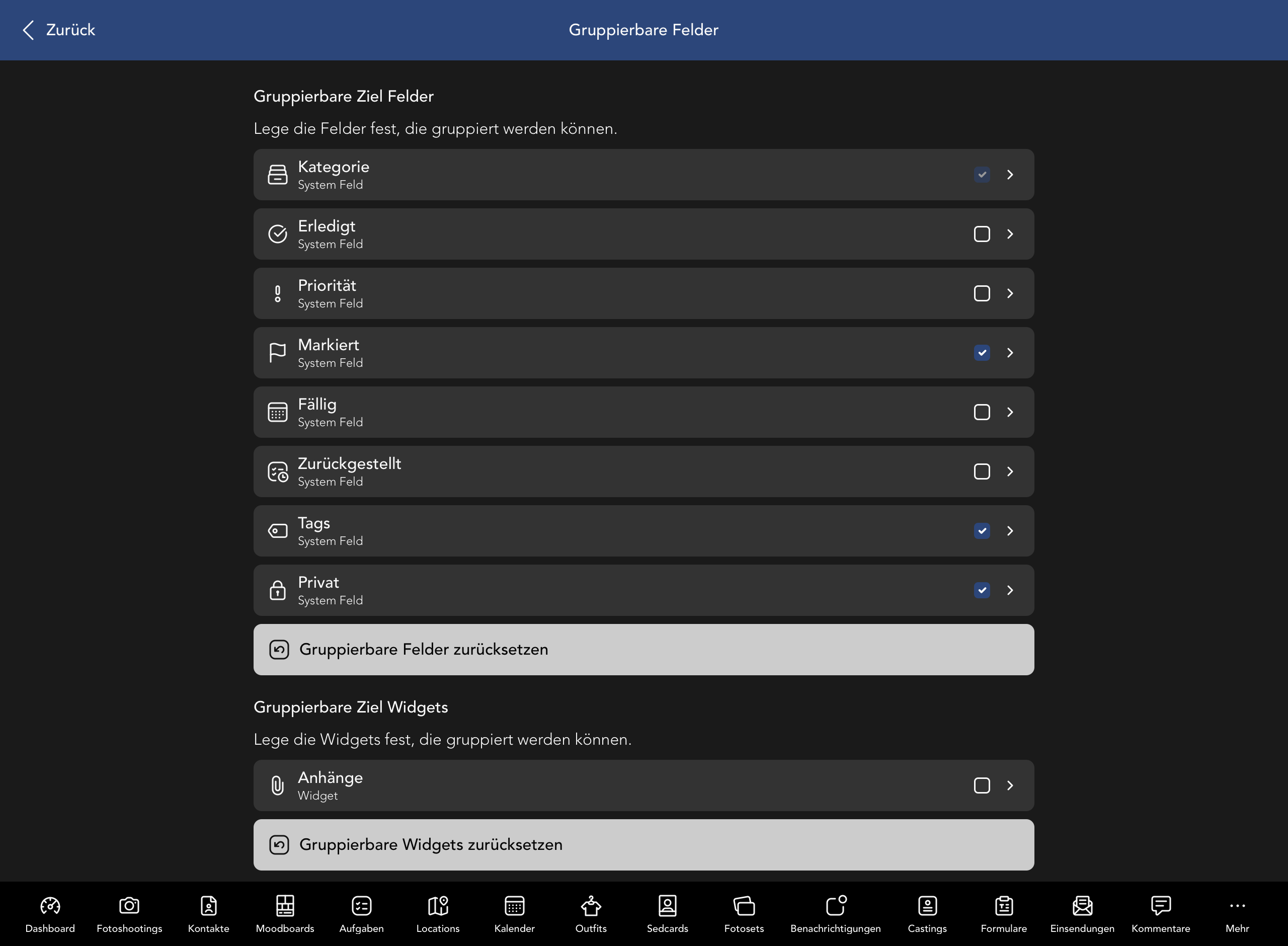 Gruppierbare Ziel Felder und Widgets