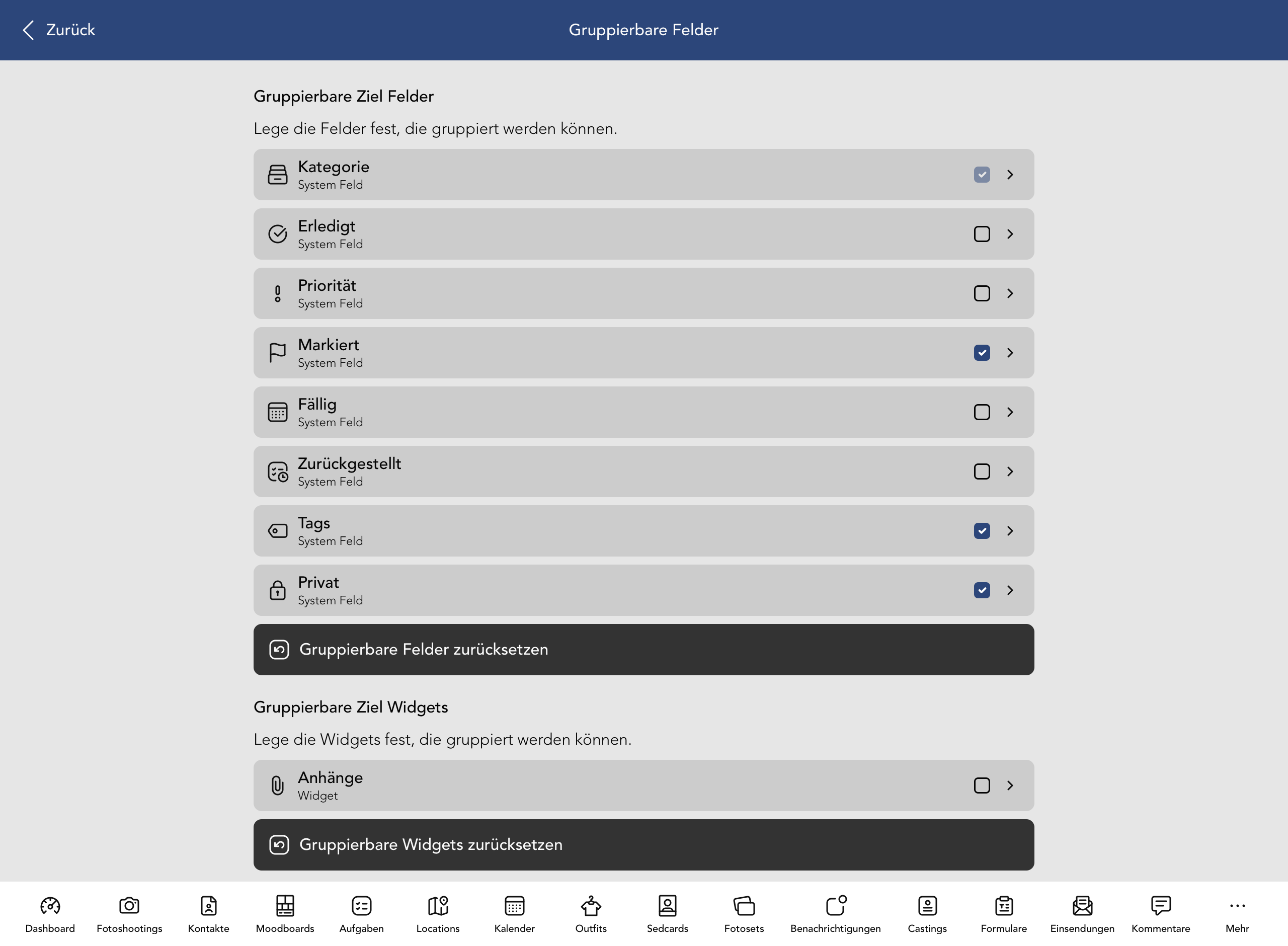 Gruppierbare Ziel Felder und Widgets