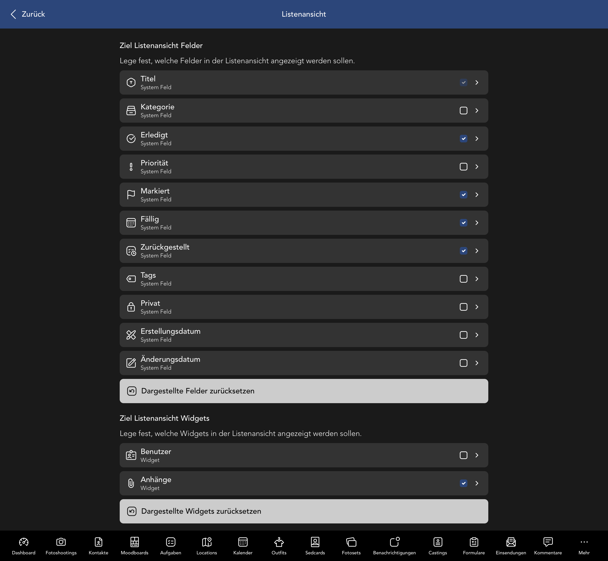 Ziel Listenansicht Felder und Widgets