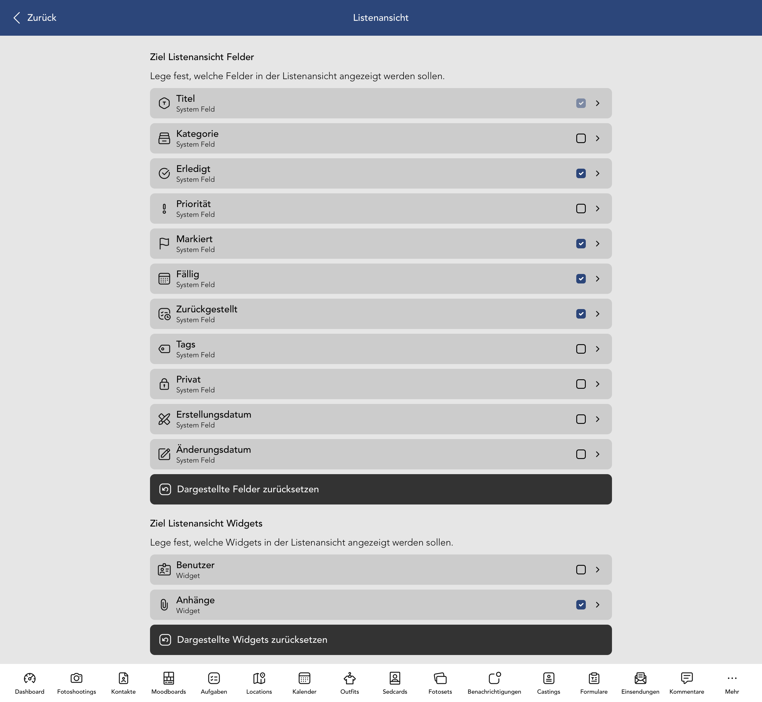 Ziel Listenansicht Felder und Widgets