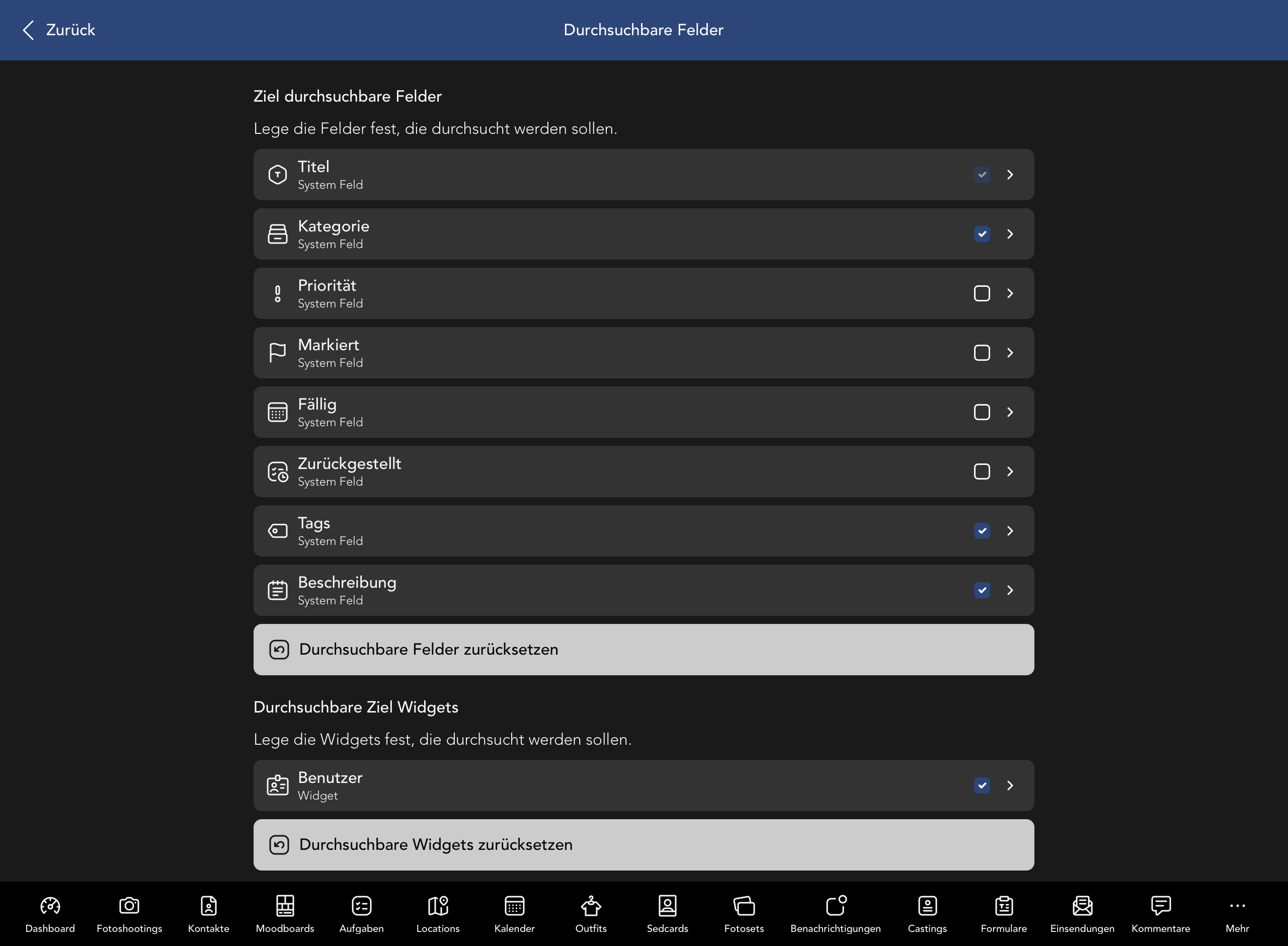 Durchsuchbare Ziel Felder und Widgets