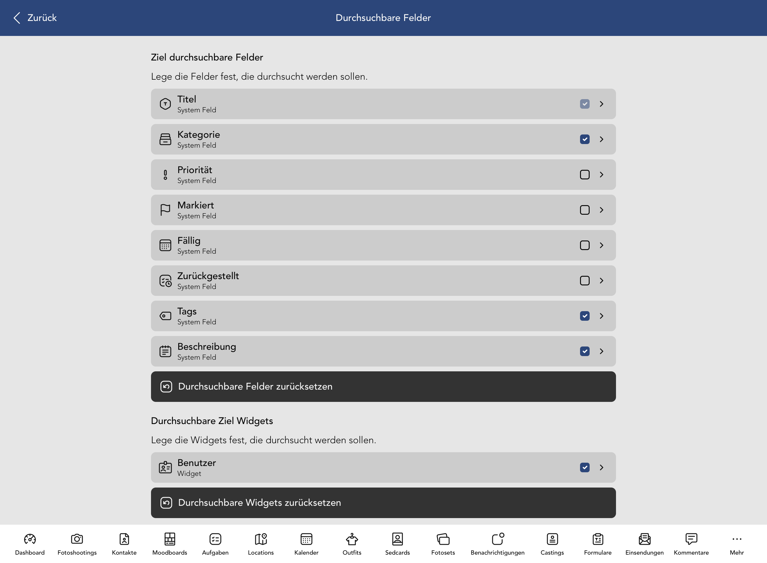 Durchsuchbare Ziel Felder und Widgets
